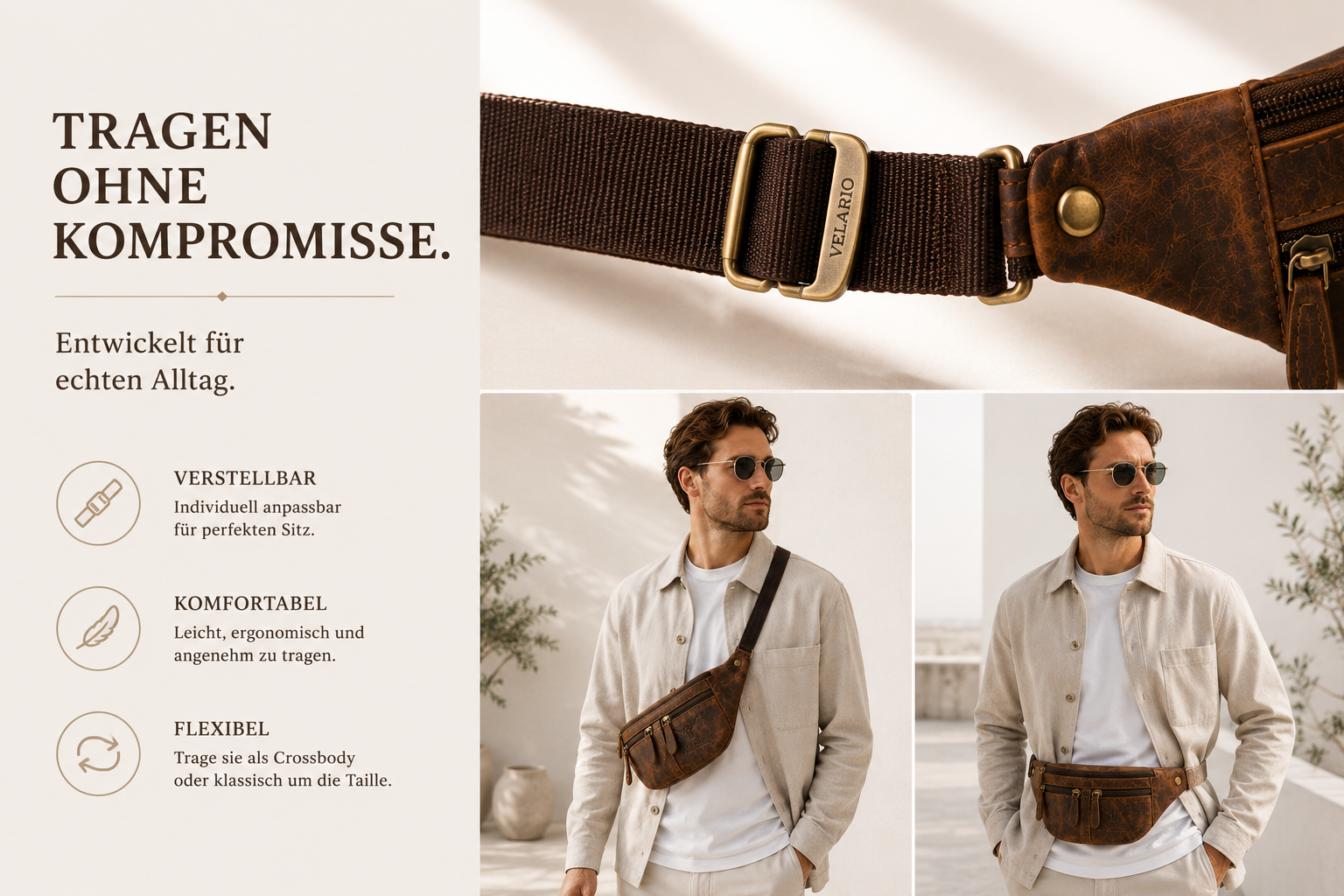 Mann mit brauner Leder Bauchtasche von Velario, verstellbar und bequem.