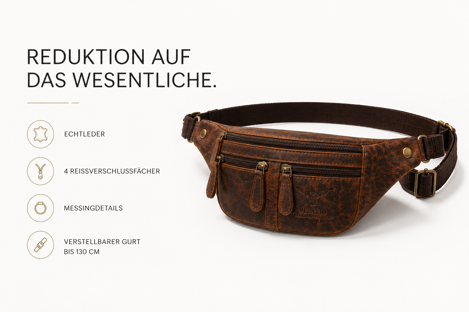 Braune Leder-Bauchtasche mit vier Reißverschlussfächern und verstellbarem Gurt.