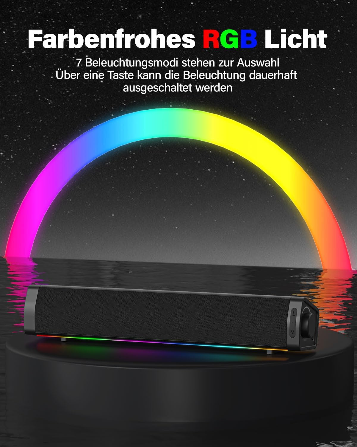 Schwarzer Lautsprecher mit buntem RGB-Licht vorne und einem Lichtbogen im Hintergrund.