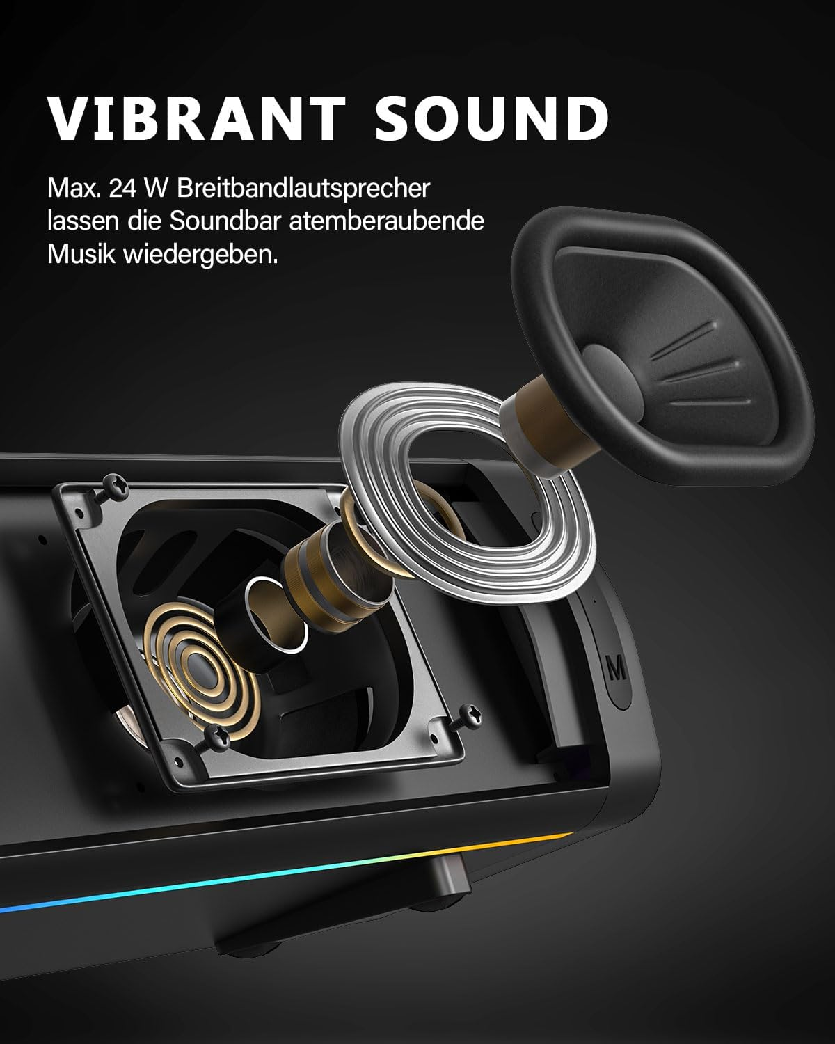 Detailansicht einer Soundbar mit freigelegtem Lautsprecher und Spulen. Eine "M"-Taste ist sichtbar.