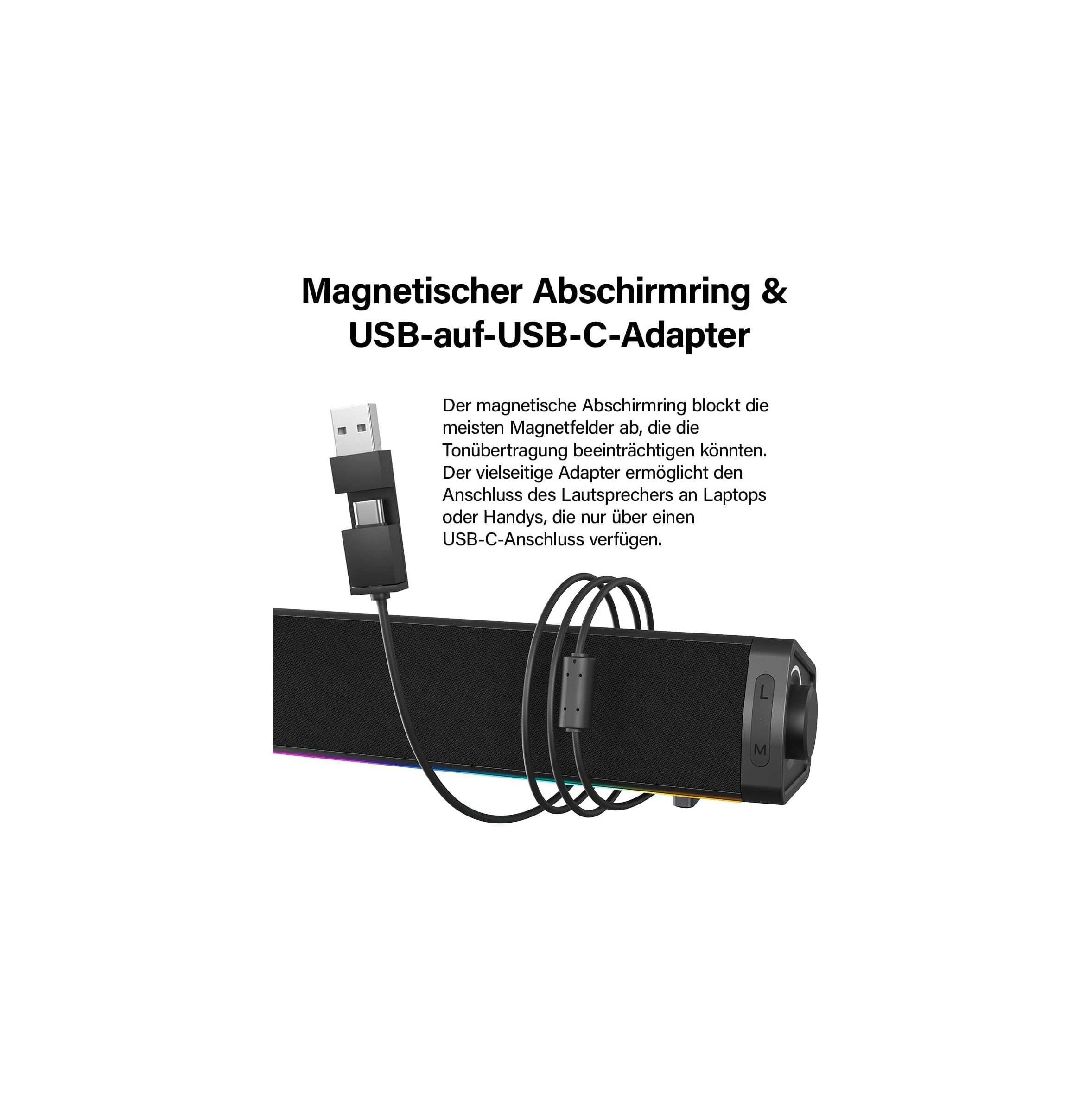 USB-C-Adapter mit magnetischem Abschirmring und Kabelbinder an einem Lautsprecher.
