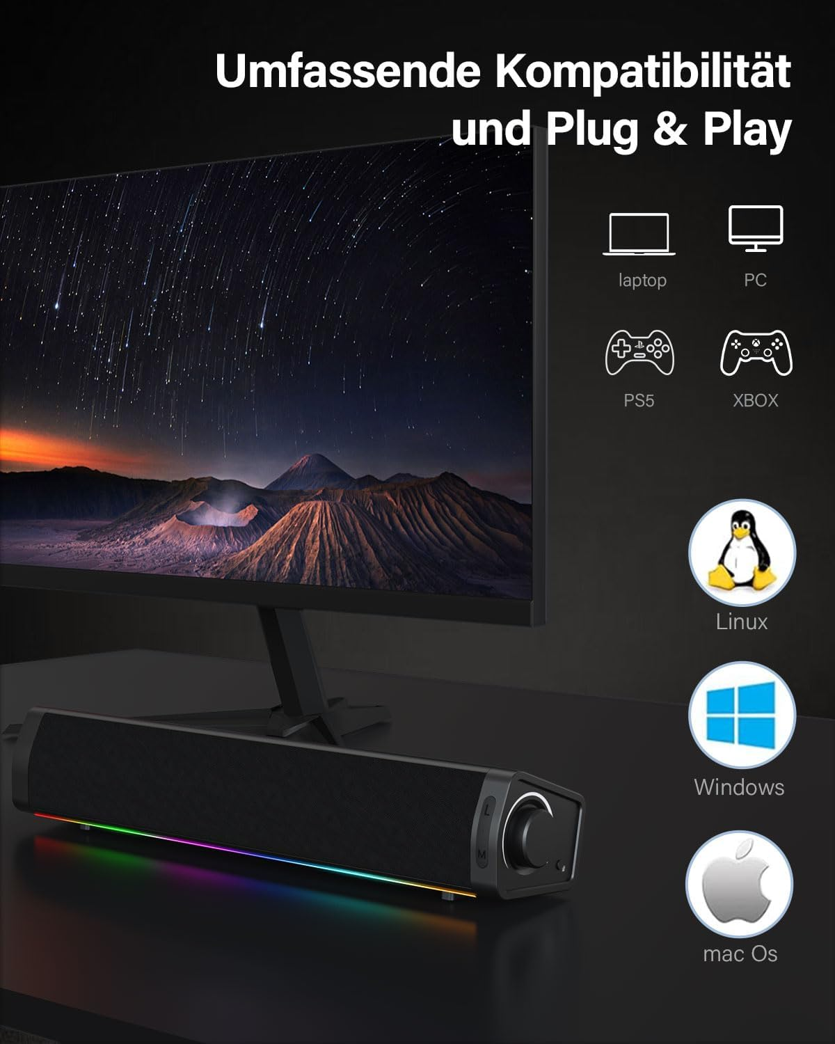 Monitor mit Sternenhimmel-Hintergrund, Lautsprecher mit RGB-Beleuchtung und Kompatibilitätssymbole.