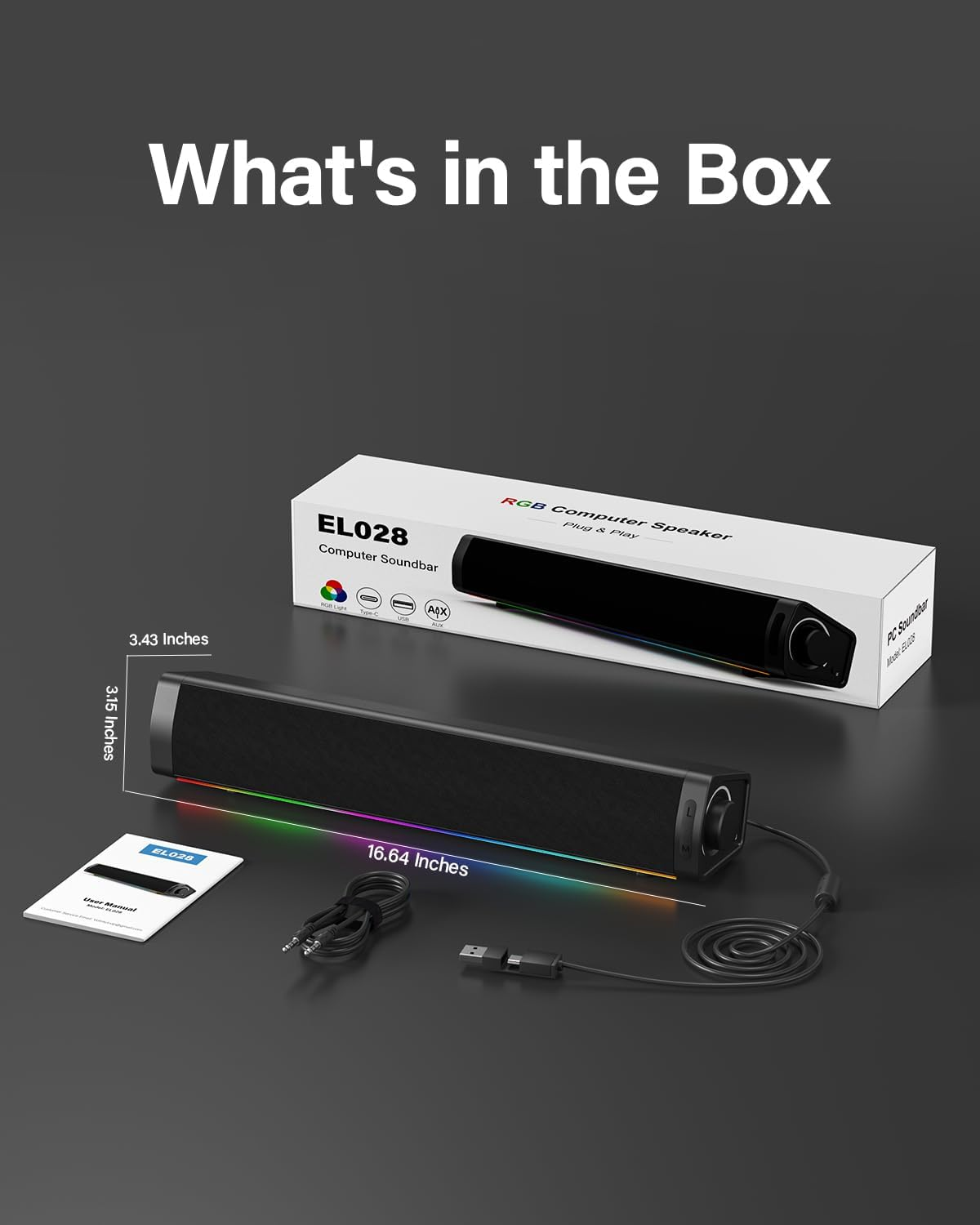 EL028 RGB Computer-Soundbar, Benutzerhandbuch, Kabel und Karton. Maße gezeigt.