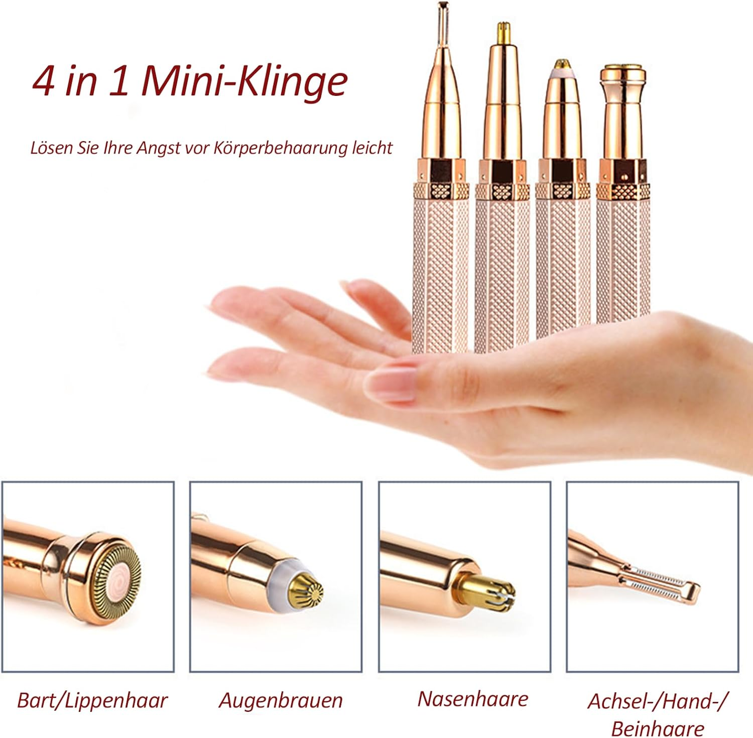 Vier Mini-Klingen-Trimmer in Roségold, gehalten in einer Hand.