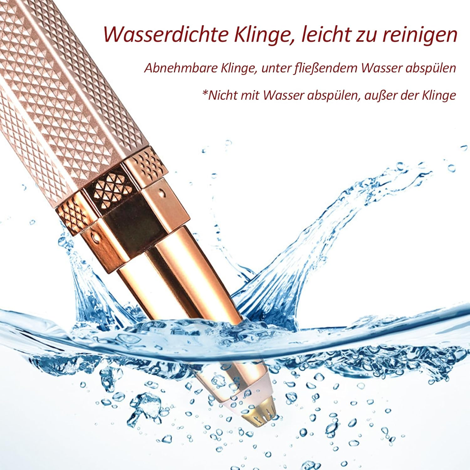 Ein roségoldener Haarentferner mit texturiertem Gehäuse ist teilweise in spritzendes Wasser getaucht, mit deutschem Text darüber.
