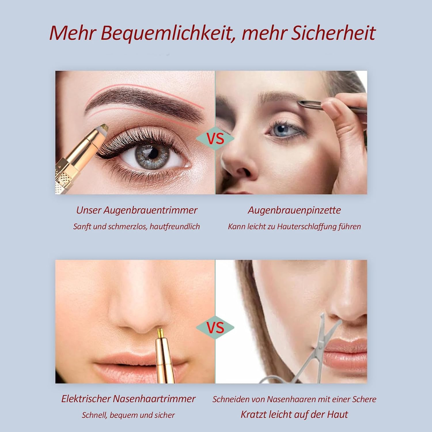 Vergleich von Augenbrauentrimmer und Pinzette, Nasenhaartrimmer und Schere.