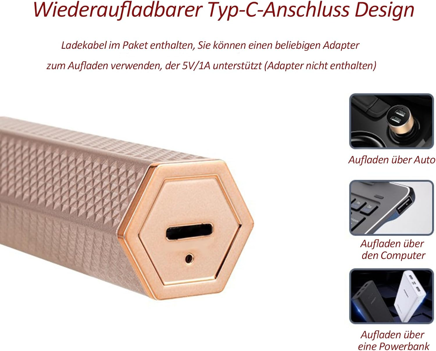 Nahaufnahme eines goldfarbenen, sechseckigen USB-C-Anschlusses an einem Gerät.