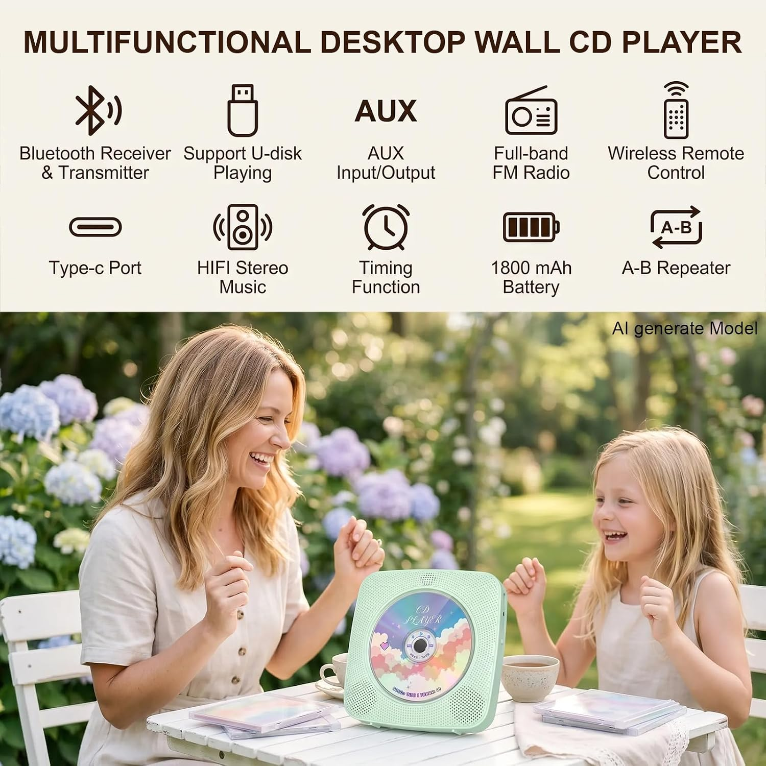Frau und Mädchen am CD-Player im Garten. Merkmale: Bluetooth, AUX, UKW-Radio, USB.