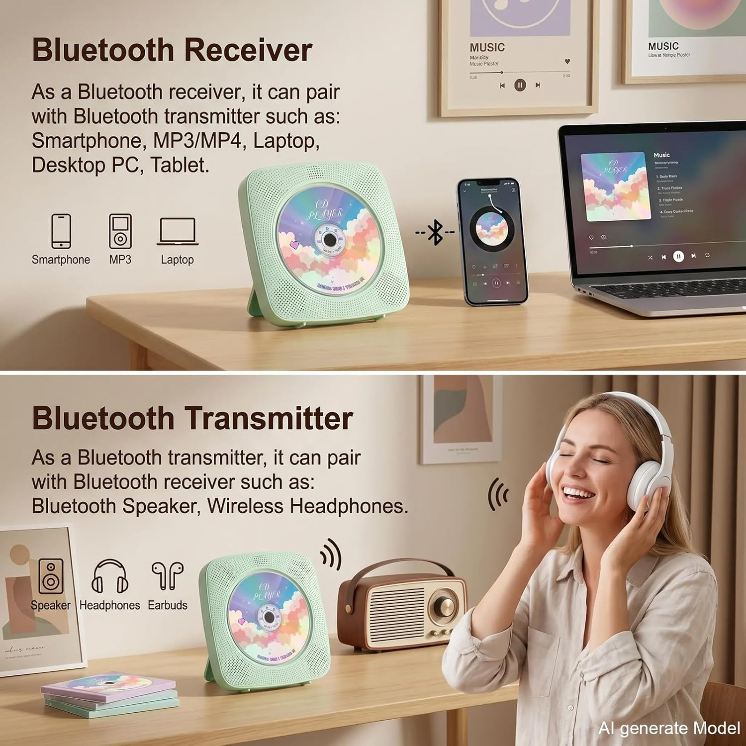 Ein mintgrünes CD-Player-Gerät mit CD, daneben ein Smartphone und Laptop auf einem Holztisch.