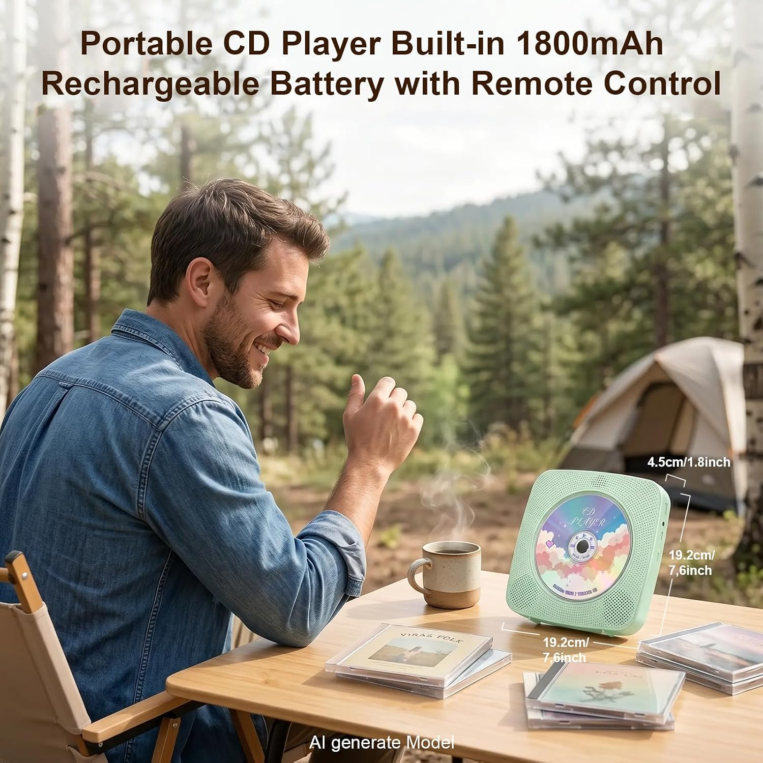 Mann im Jeanshemd sitzt draußen an einem Tisch mit tragbarem CD-Player, CDs und Kaffee.