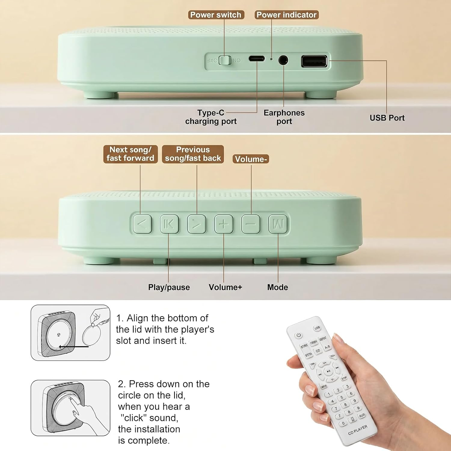 Ein mintgrüner CD-Player mit Fernbedienung und Anschlussdetails.