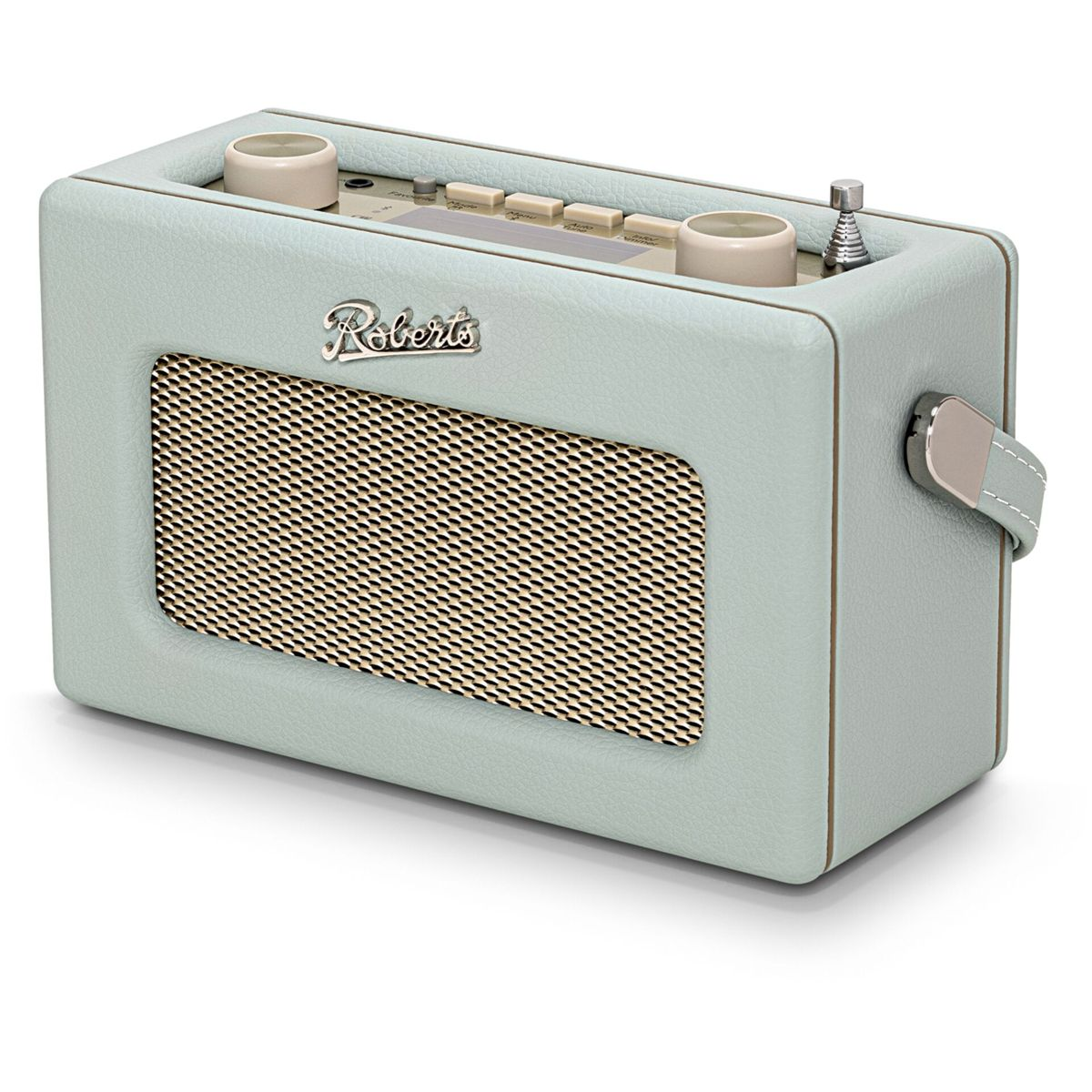 Ein altmodisches hellblaues Roberts-Radio mit cremefarbener Lautsprecherabdeckung und Antenne.