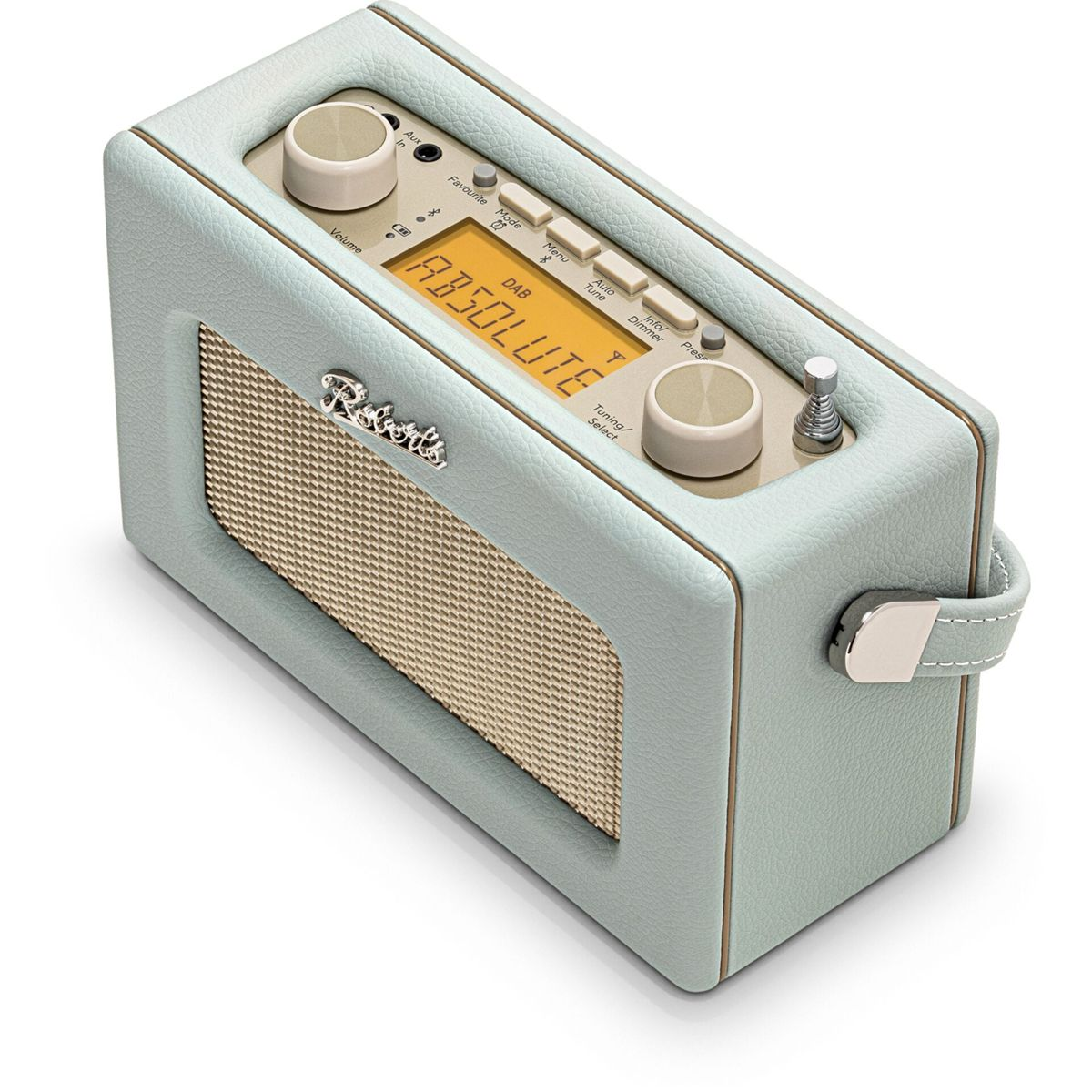 Ein hellgrünes Radio mit goldfarbenem Lautsprechergitter und digitaler Anzeige.