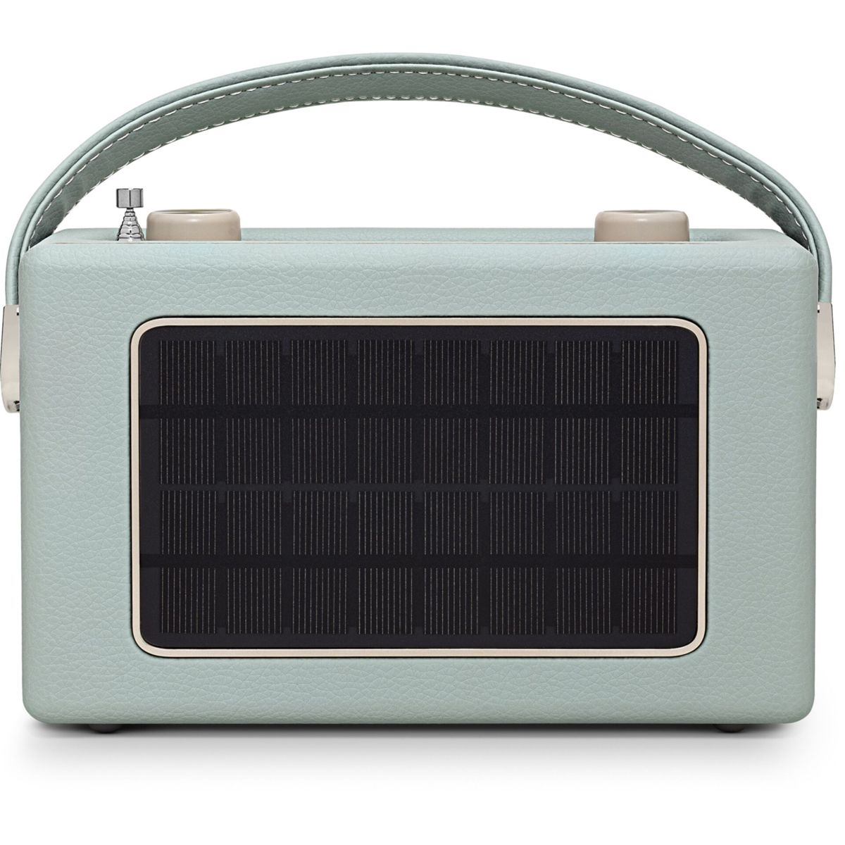 Hellblaue tragbare Retro-Radio mit Solarpanel und Tragegriff.