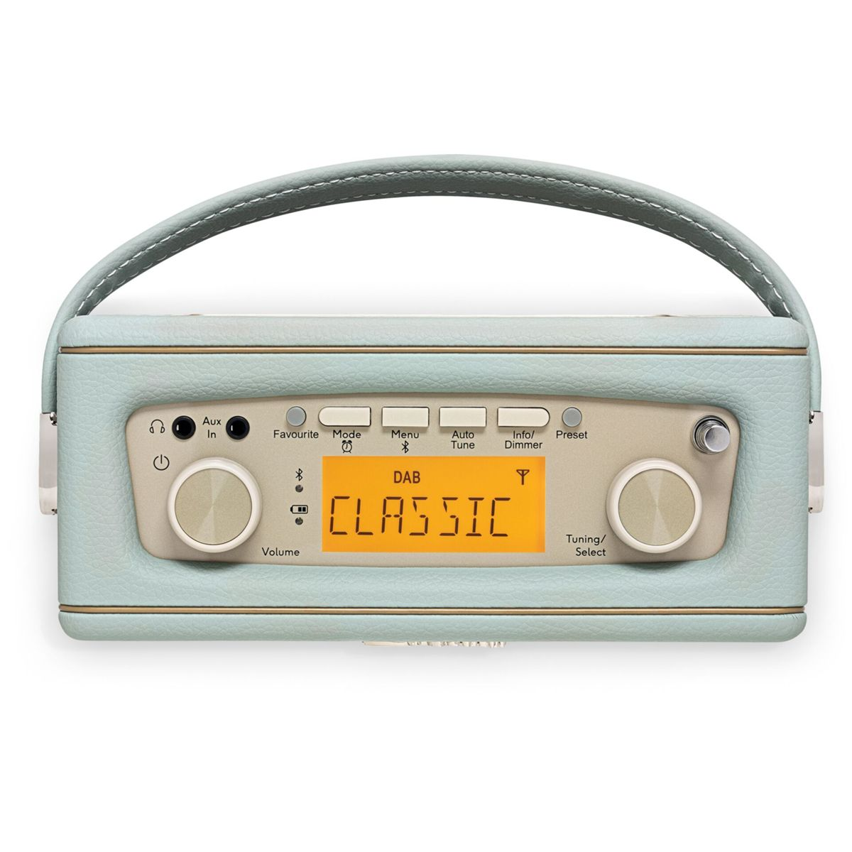 Ein blassblaues DAB-Radio mit Ledergriff und orangefarbenem Display.