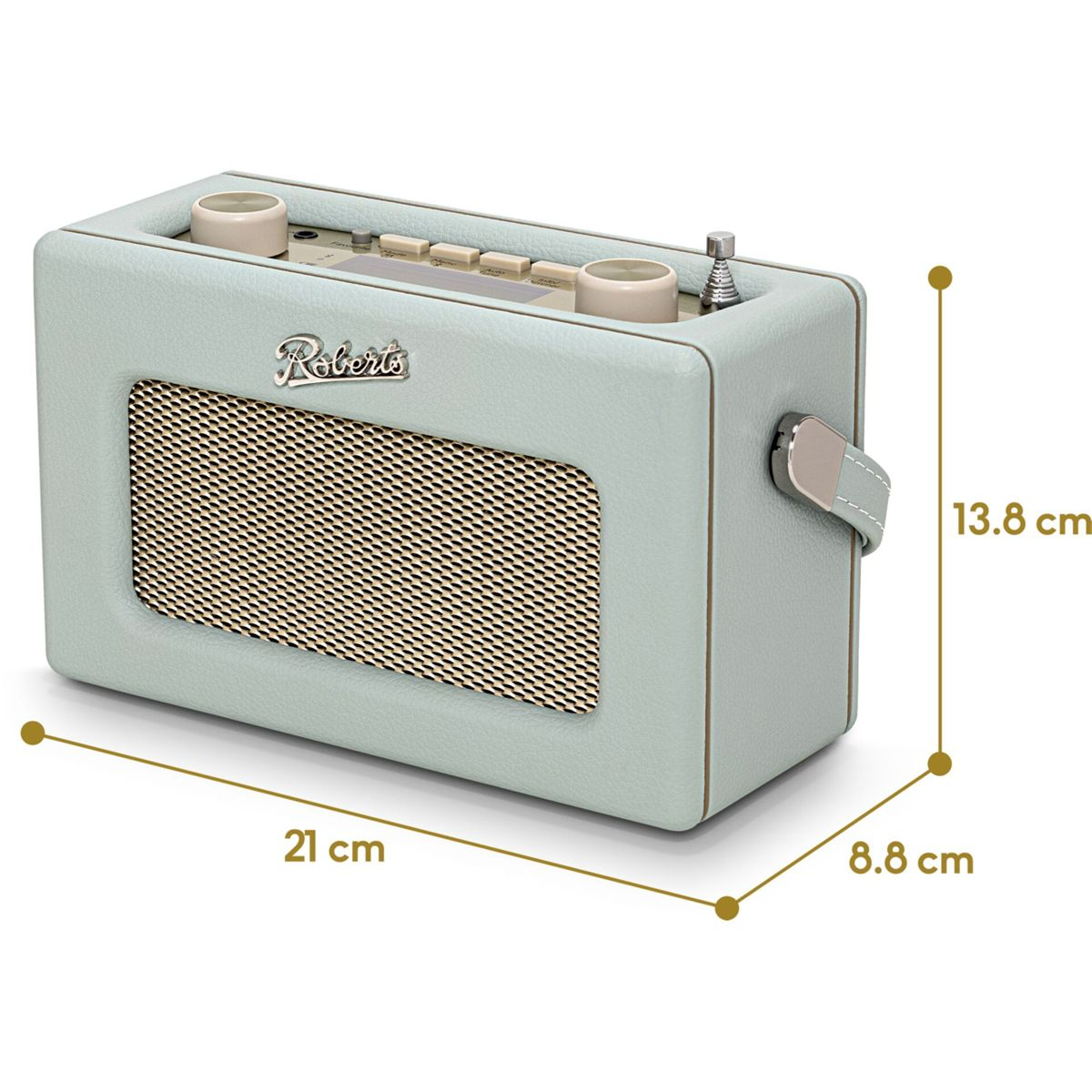 Ein hellgrünes Roberts-Radio mit Lautsprechergitter, Knöpfen und Antenne.