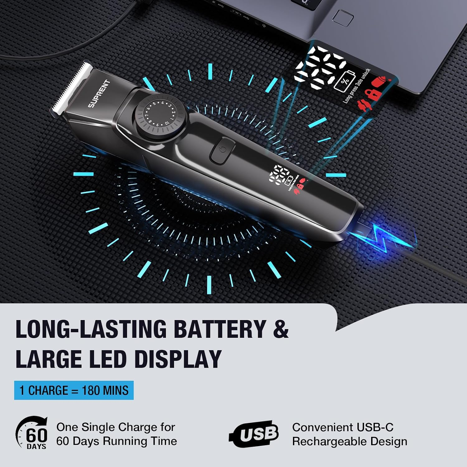 Ein schwarzer Haarschneider mit LED-Display, der an einen Laptop angeschlossen ist.