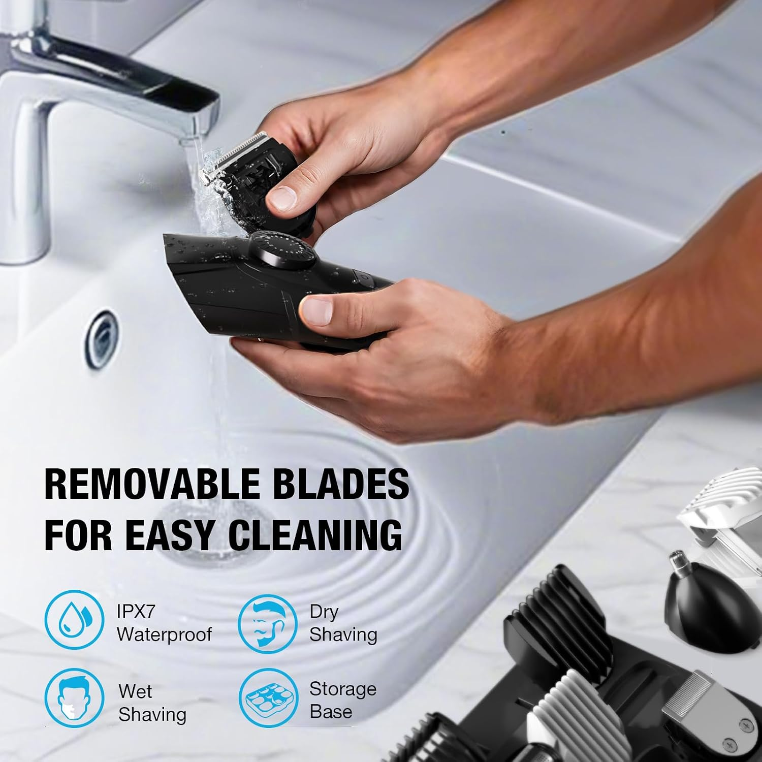 Mann reinigt Trimmerkopf unter fließendem Wasser. "Removable Blades" Schriftzug.