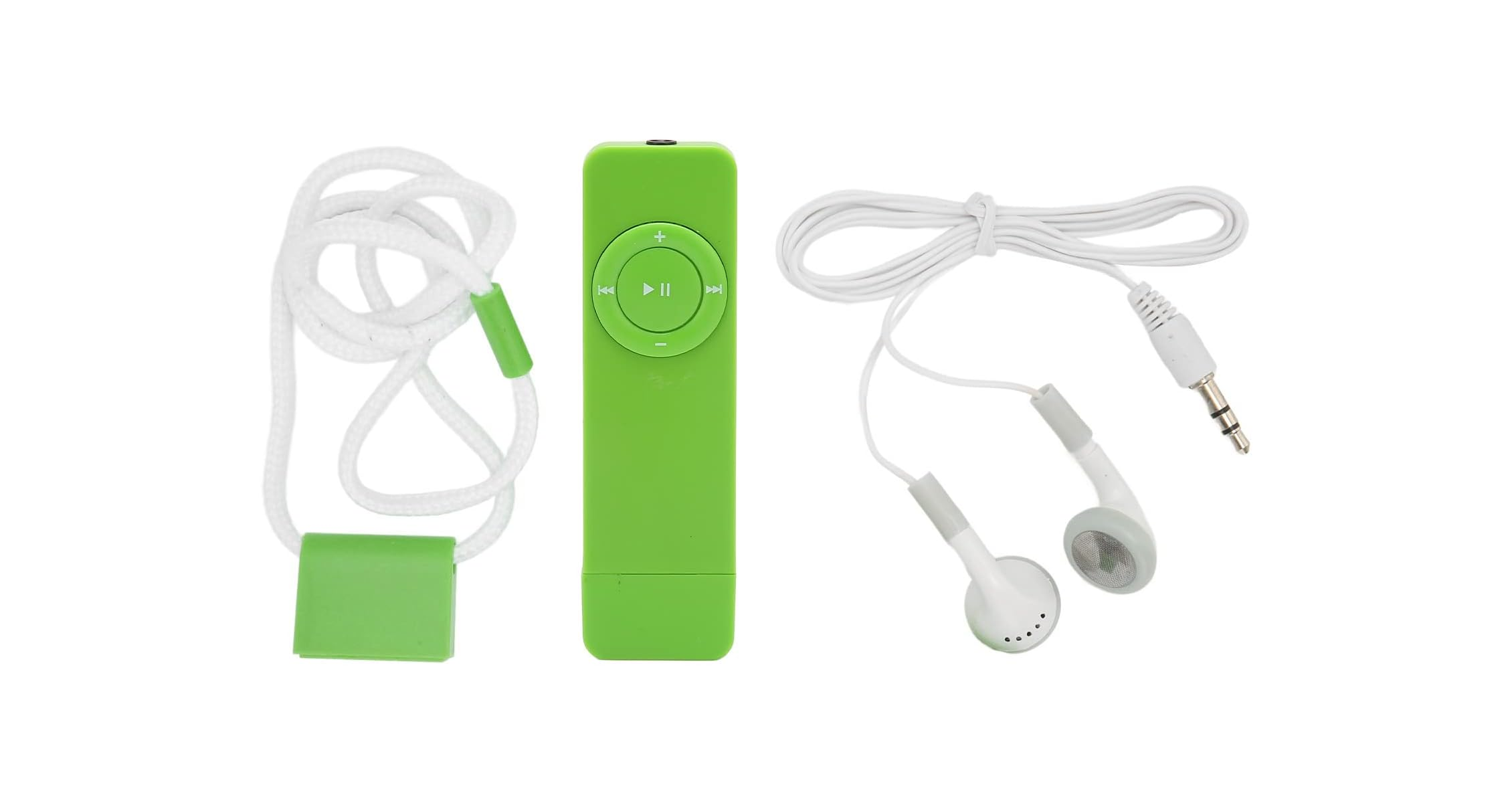 Grüner MP3-Player mit weißem Kopfhörerkabel und Lanyard.