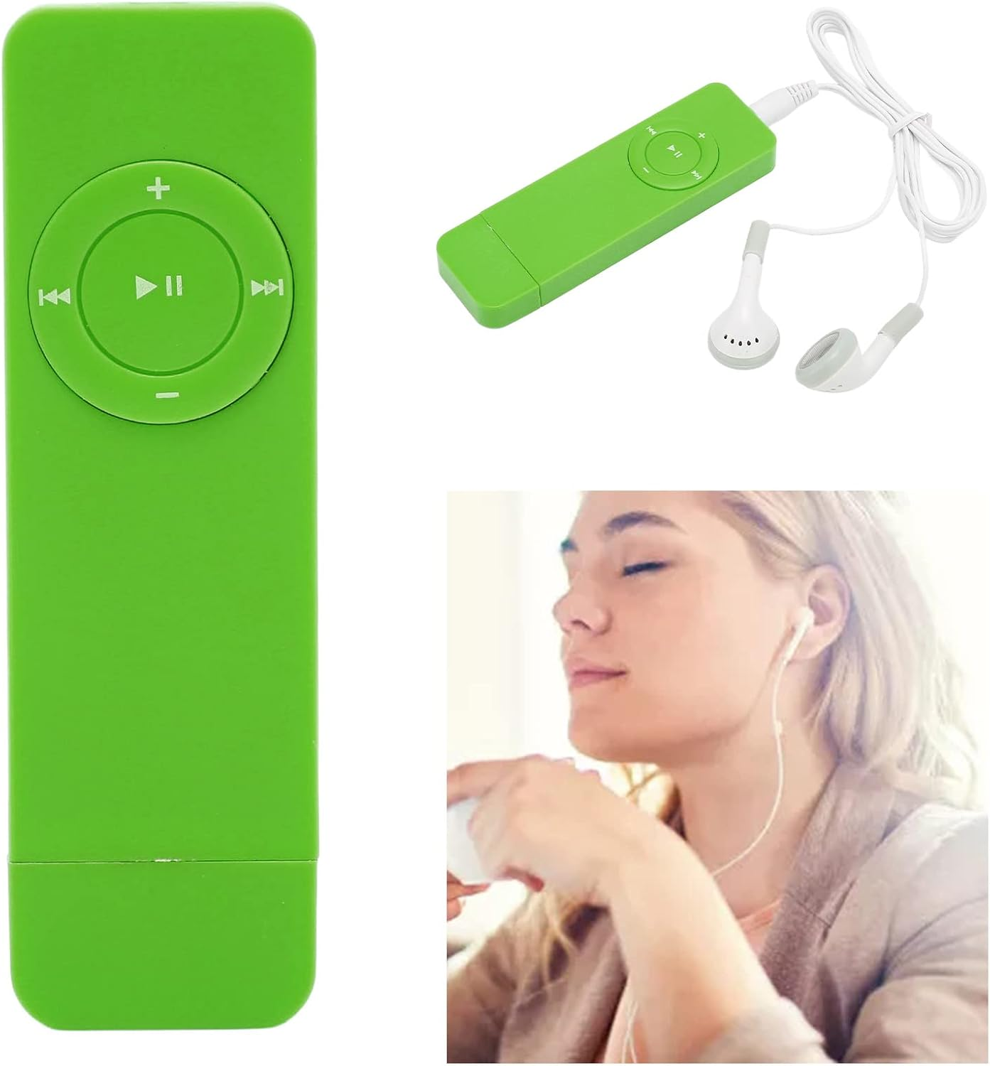 Grüner MP3-Player mit Kopfhörern und einer Frau, die Musik hört.