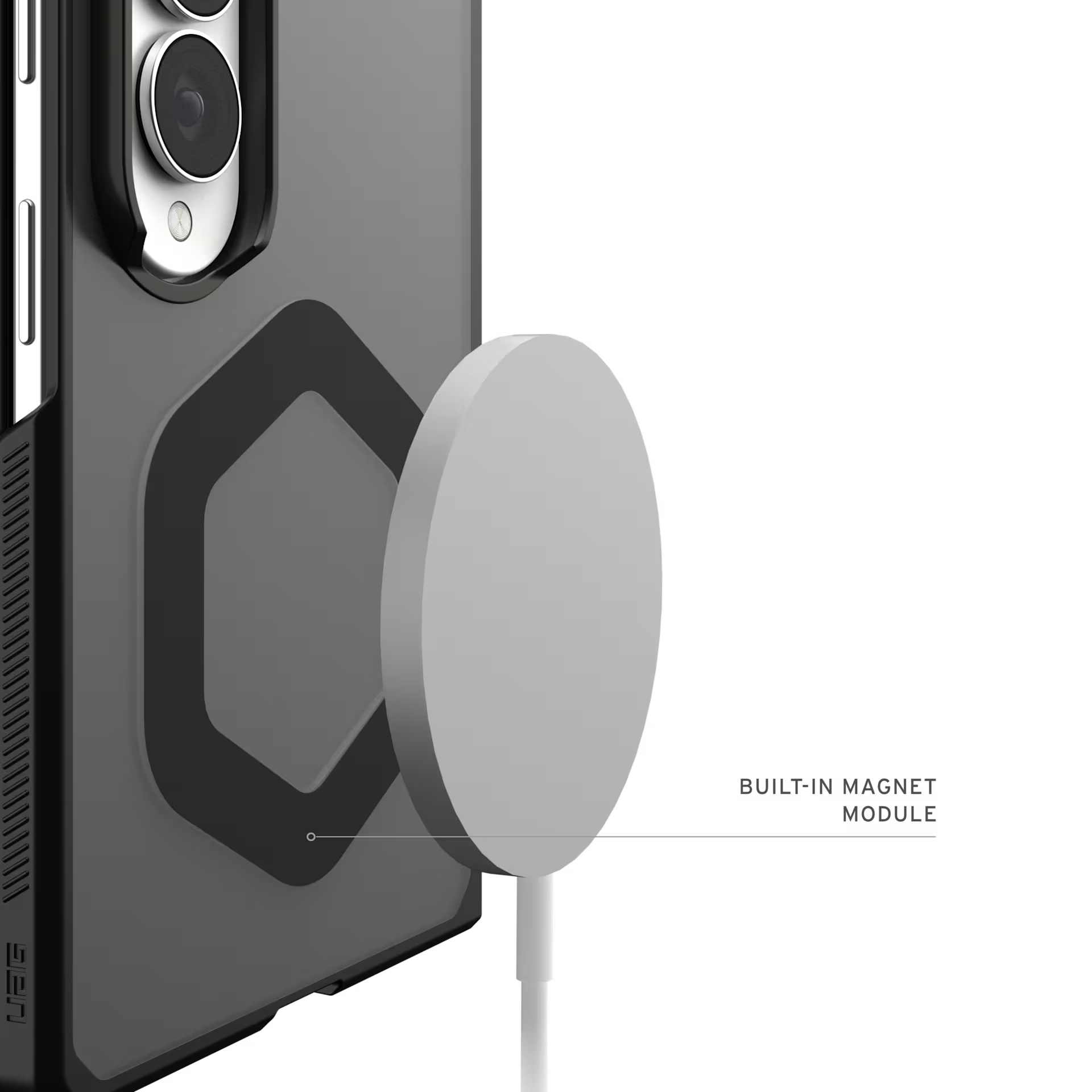 Graues Handy-Case mit sechseckigem Muster und weißem Ladekabel.