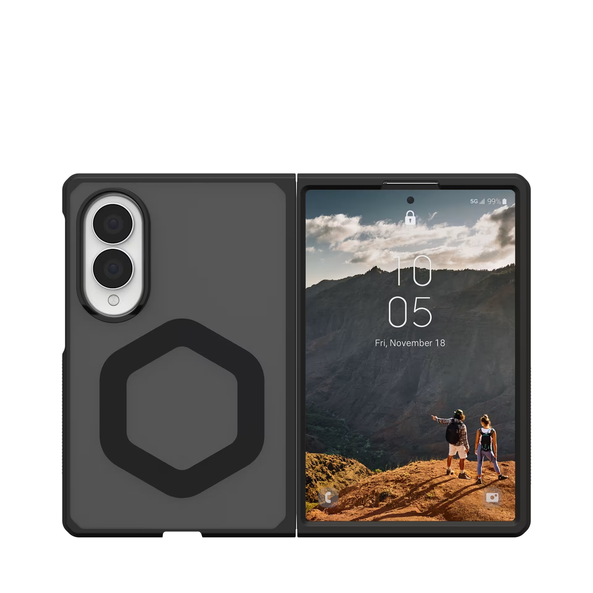 Ein faltbares Smartphone mit einer Rückseite und einem geöffneten Bildschirm, der eine Landschaft zeigt.