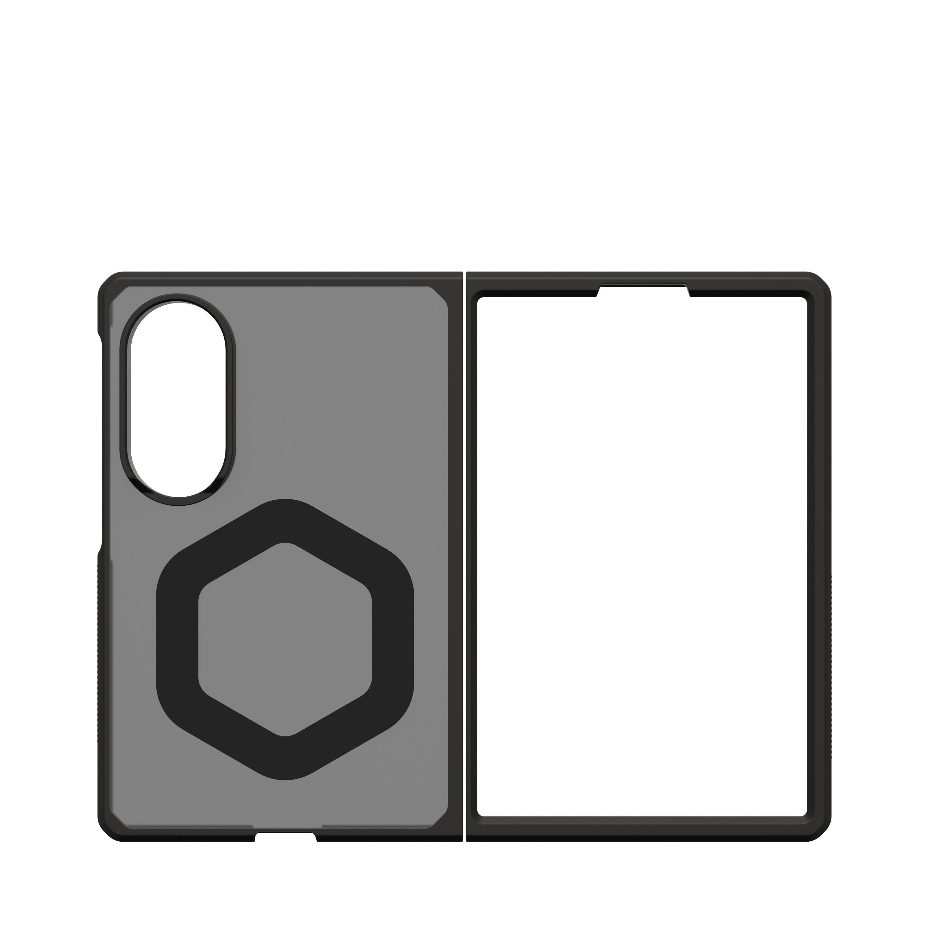 Graue Handyhülle mit schwarzem Hexagon-Design und schwarzem Rahmen.