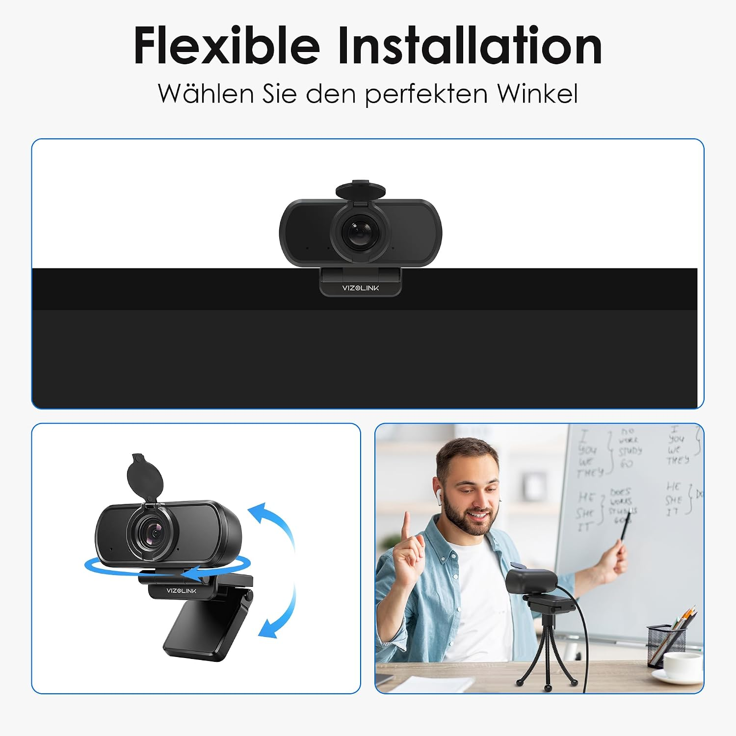 Ein VIZOLINK Webcam-Modell wird auf einem schwarzen Hintergrund gezeigt.