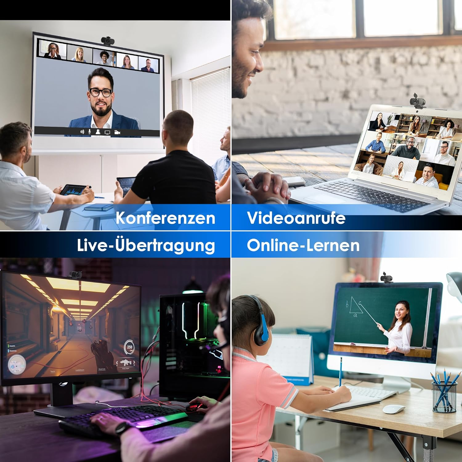 Vier Szenen: Konferenz, Videoanruf, Gaming, Online-Lernen mit Webcams.