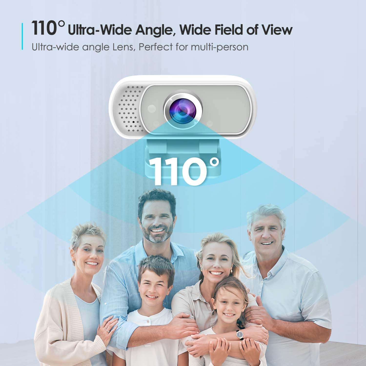 Eine Webcam zeigt einen 110-Grad-Winkel über einer lächelnden, generationsübergreifenden Familie.