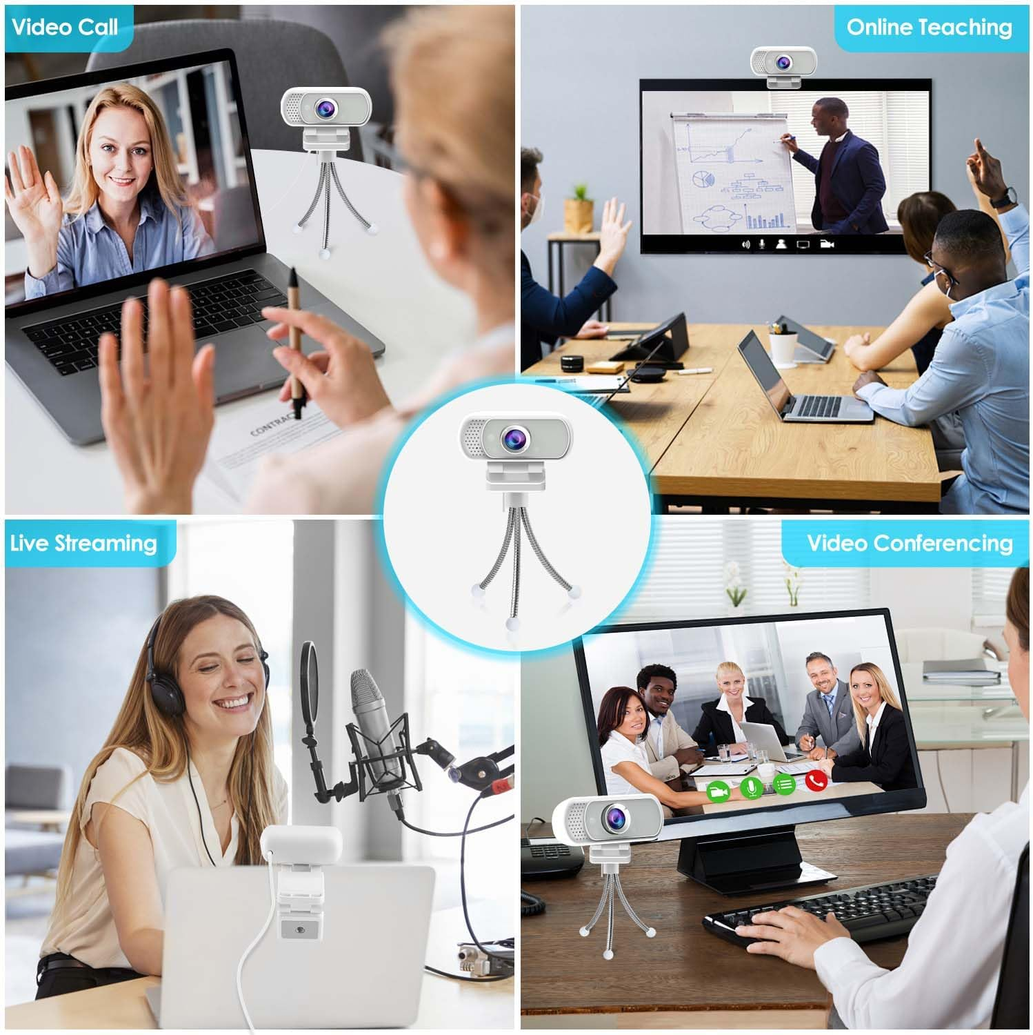 Vier Szenen zeigen Webcam-Nutzung: Videoanruf, Online-Unterricht, Livestreaming, Videokonferenz.