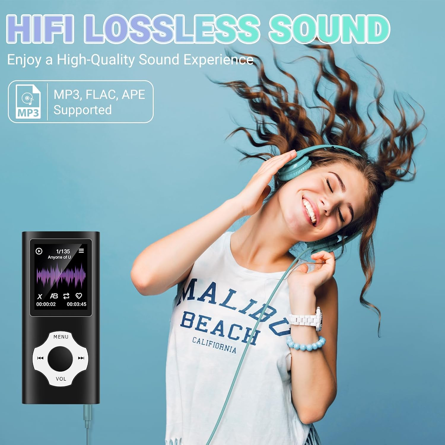 Junge Frau mit Kopfhörern genießt Musik vom MP3-Player. Hifi verlustfreier Sound.