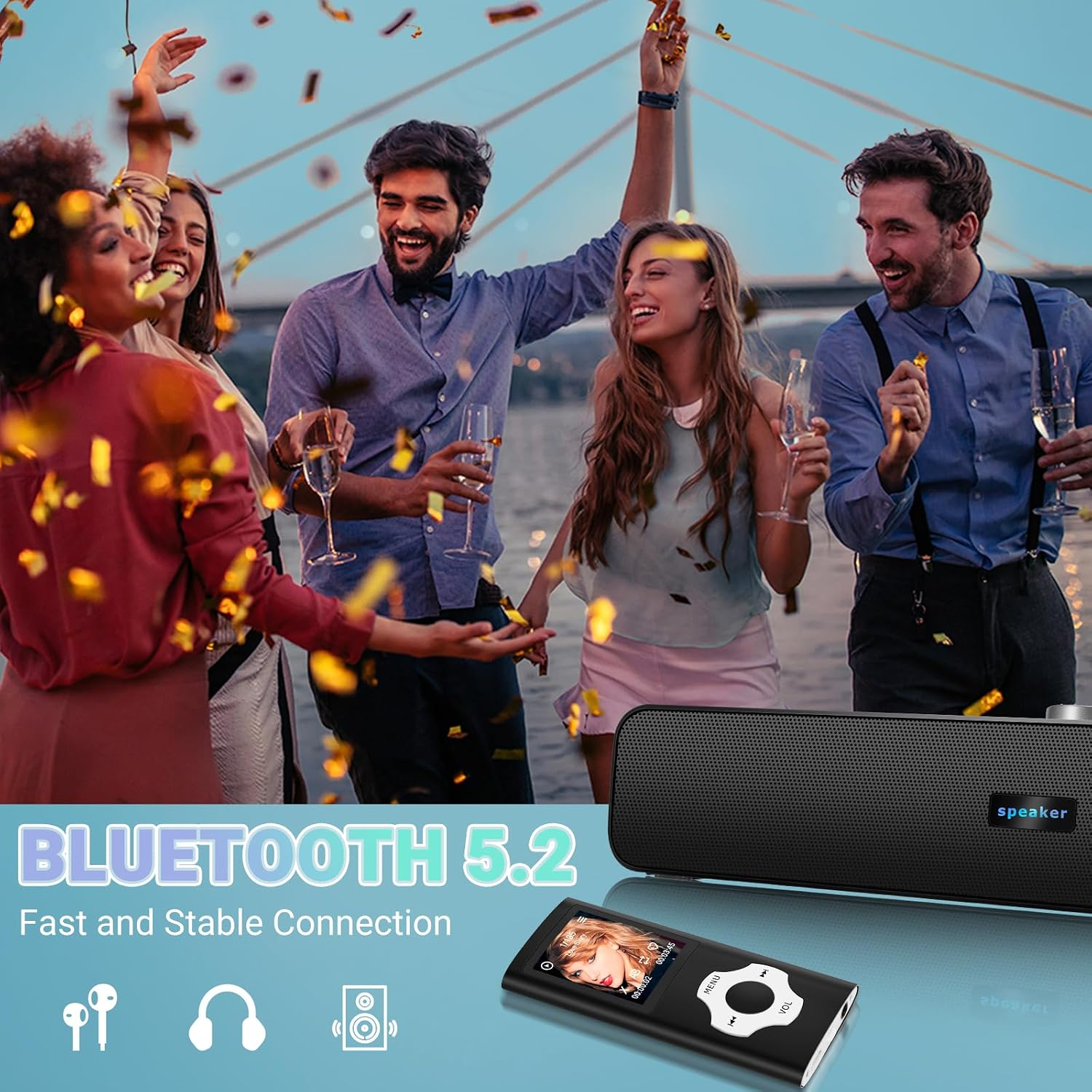 Party auf einem Boot mit tanzenden Menschen, Konfetti und einem Bluetooth-Lautsprecher.