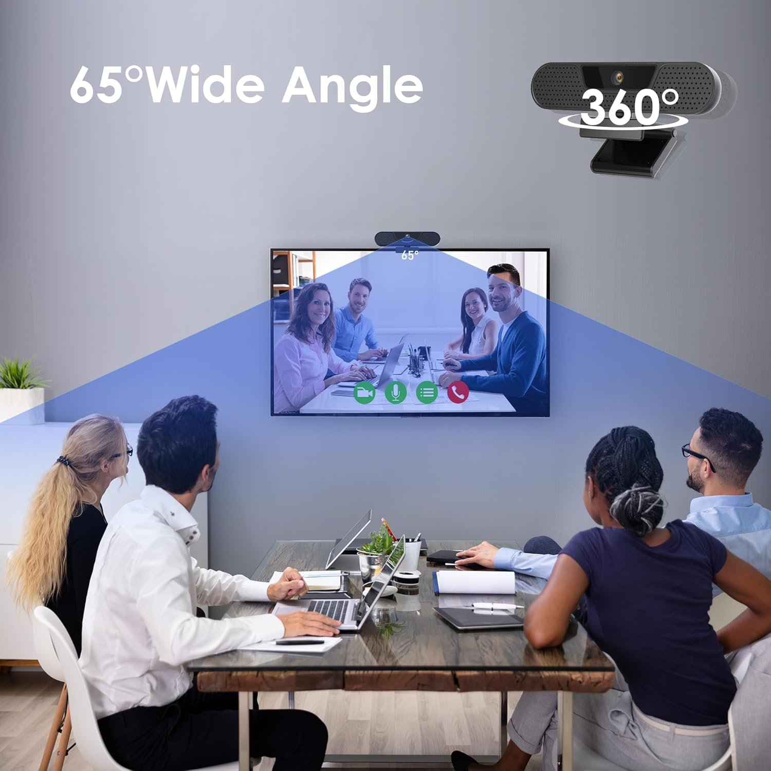 Besprechung mit Videokonferenz-Webcam und 65-Grad-Weitwinkelobjektiv.