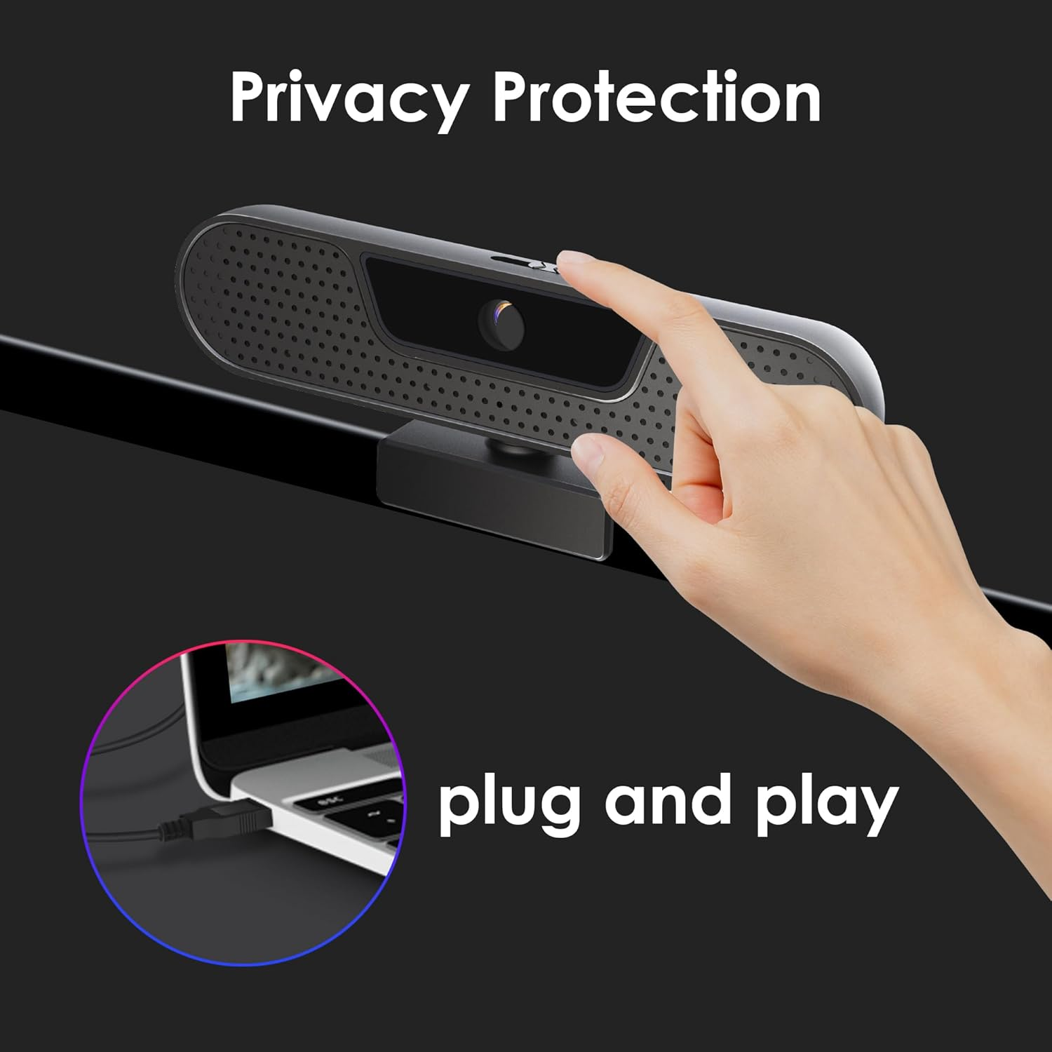 Webcam mit Sichtschutz und Plug-and-Play-Funktion wird an Laptop angeschlossen.