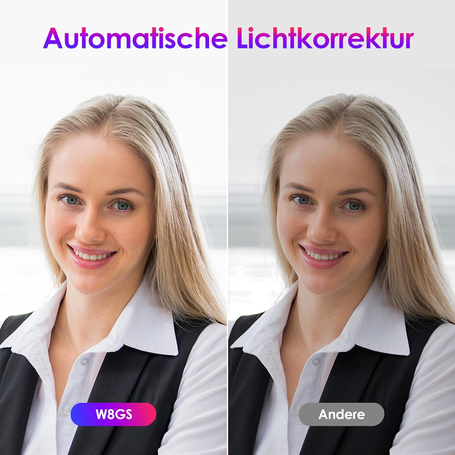 Geteilte Bild: Blonde Frau. Linke Seite zeigt "W8GS", rechte Seite "Andere".