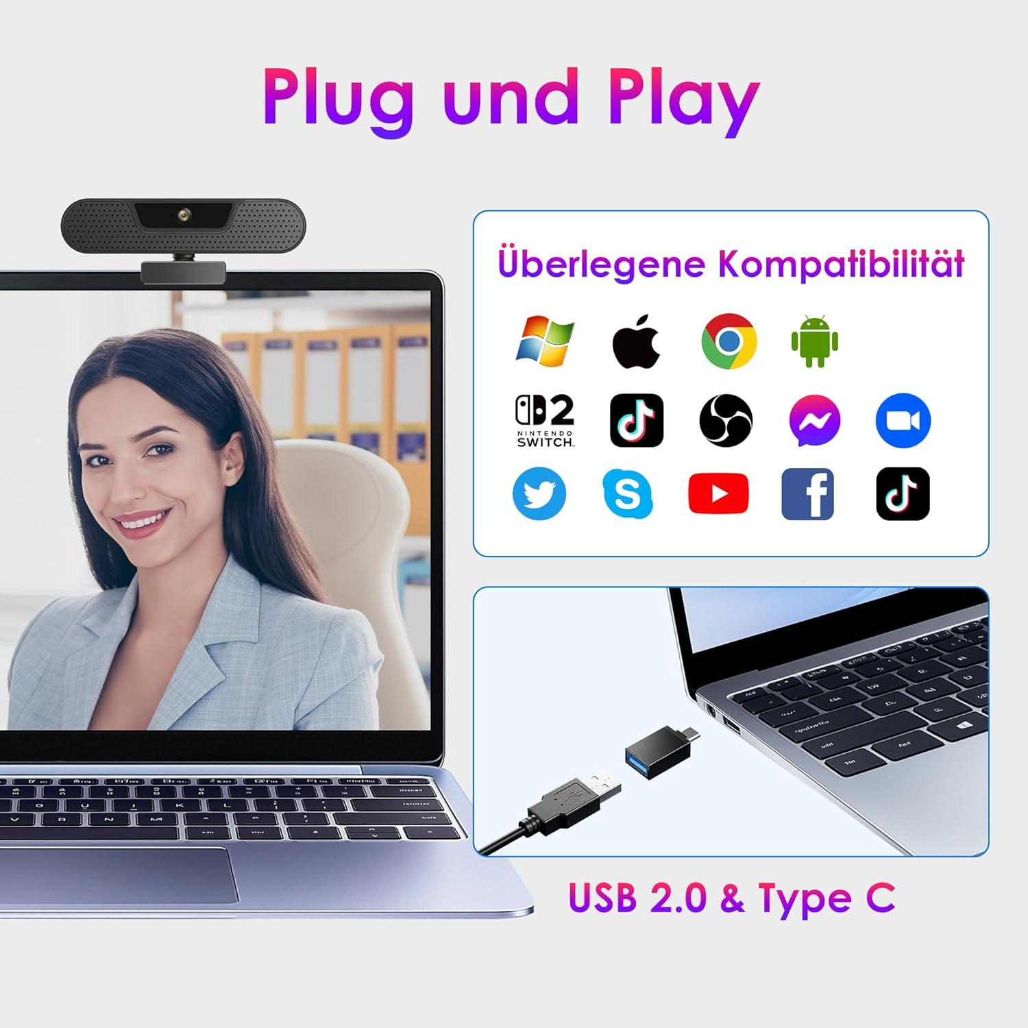 Webcam auf Laptop, Frau lächelt. Kompatibilitätslogos & USB-C-Anschluss.
