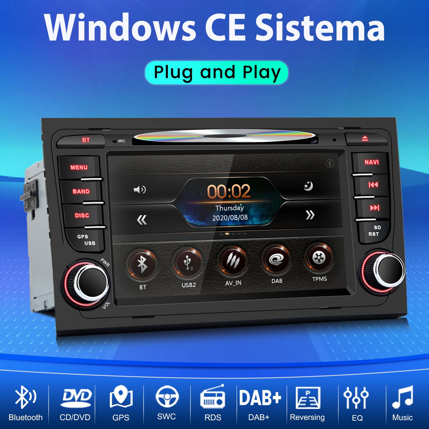 Ein Autoradio mit Touchscreen, Knöpfen und Symbolen für verschiedene Funktionen.
