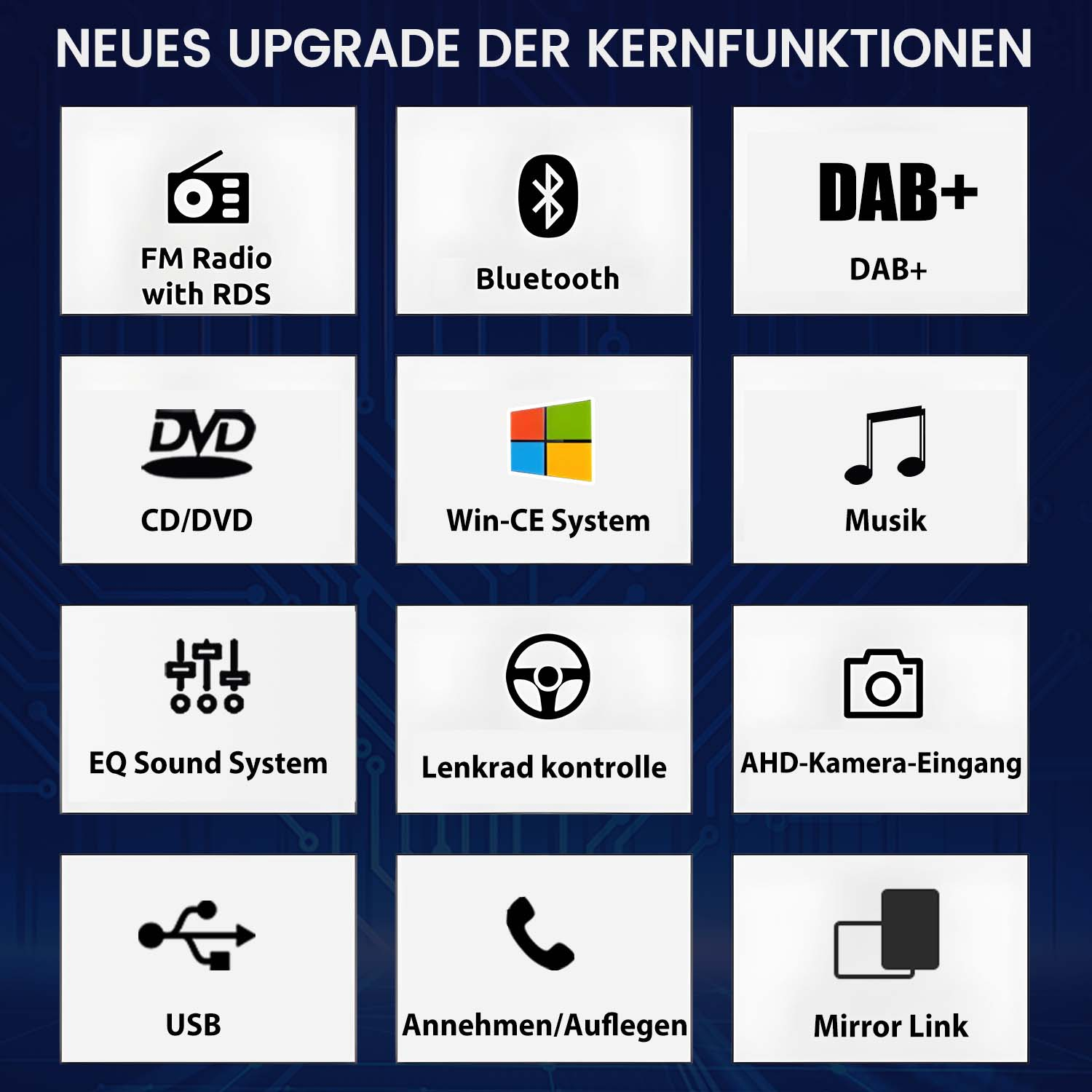 Neues Upgrade der Kernfunktionen: FM Radio, Bluetooth, DAB+, CD/DVD, Win-CE, Musik, EQ, Lenkradkontrolle, Kamera, USB, Anruf, Mirror Link.