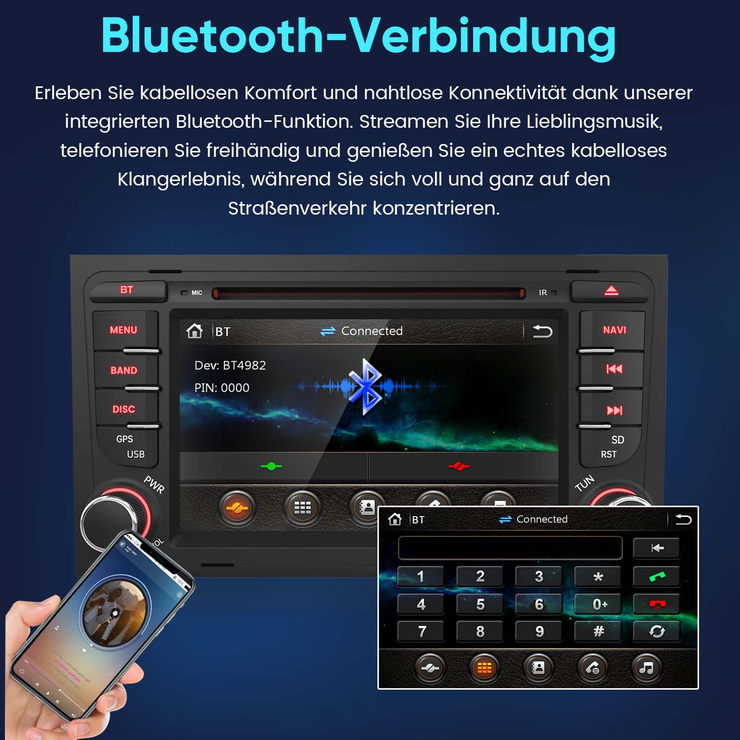 Ein Smartphone verbindet sich per Bluetooth mit einem Autoradio mit Touchscreen.