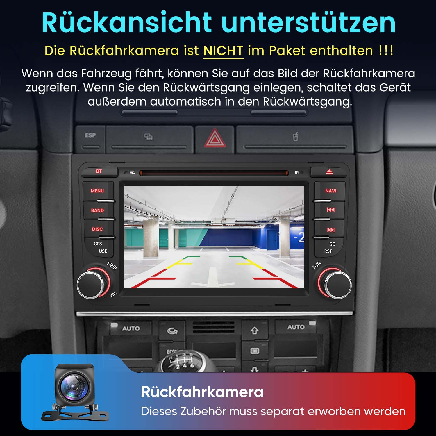 Ein Autoradio zeigt eine Rückfahrkamera-Ansicht eines Parkhauses.