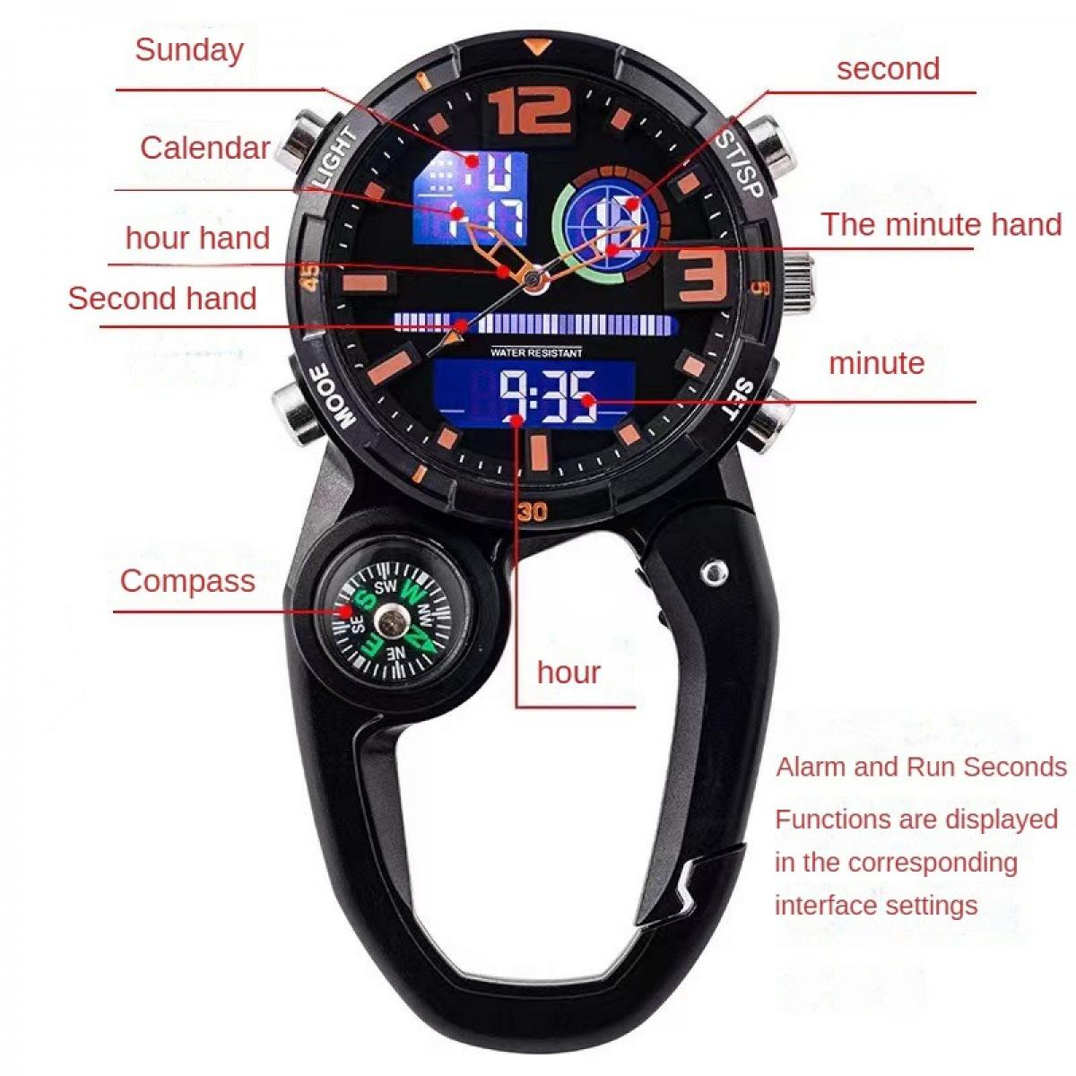 Schwarze Digitaluhr mit Kompass. Zeigt Zeit 9:35, Tag und hat diverse Funktionsbeschriftungen.