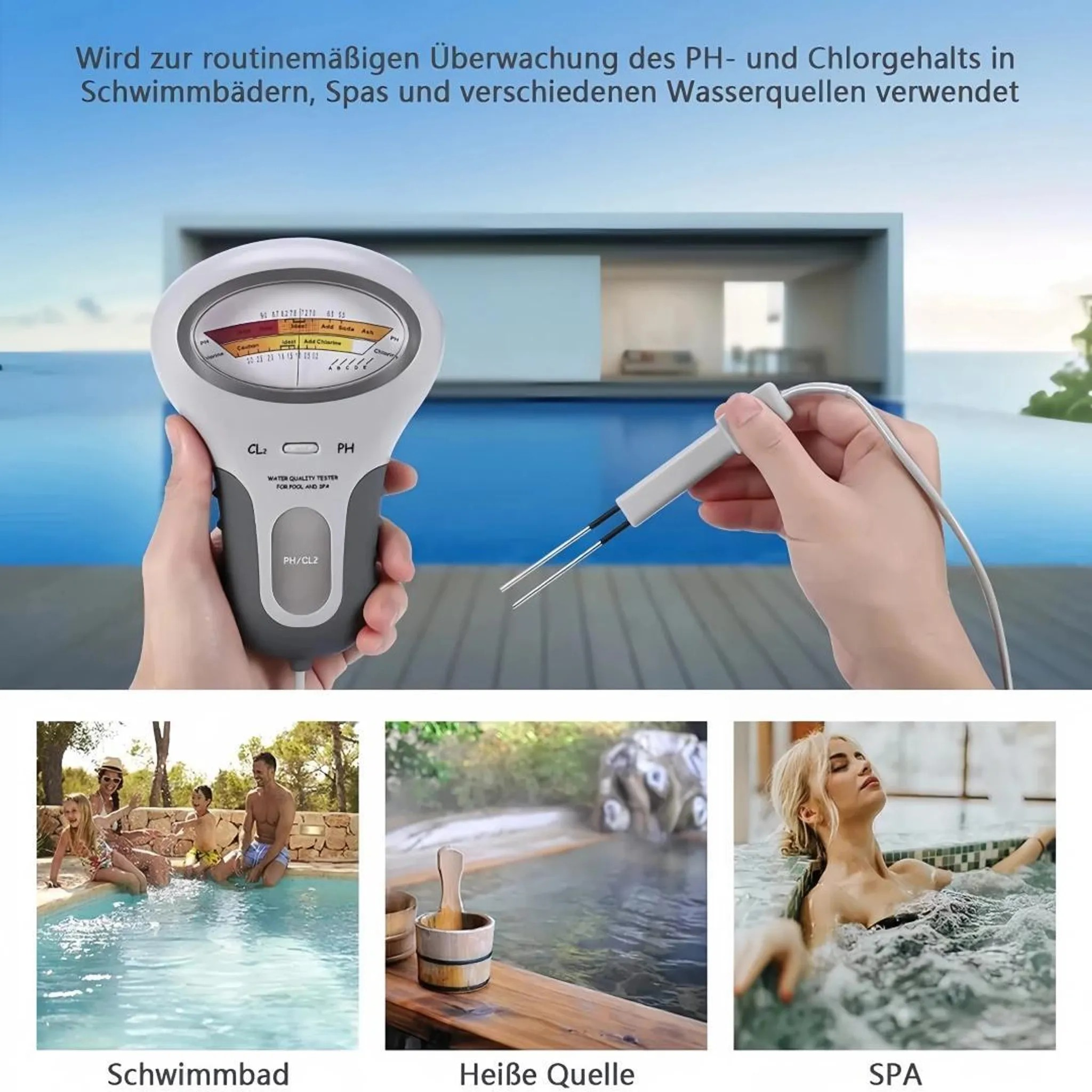 Ein Tester für Wasserqualität in Schwimmbädern, Spas und Wasserquellen.
