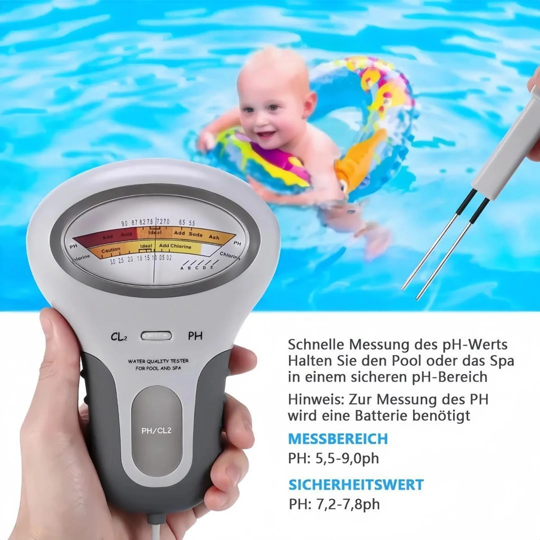 Ein Baby planscht im Pool, gehalten von einem bunten Schwimmring. Ein Tester misst die Wasserqualität.