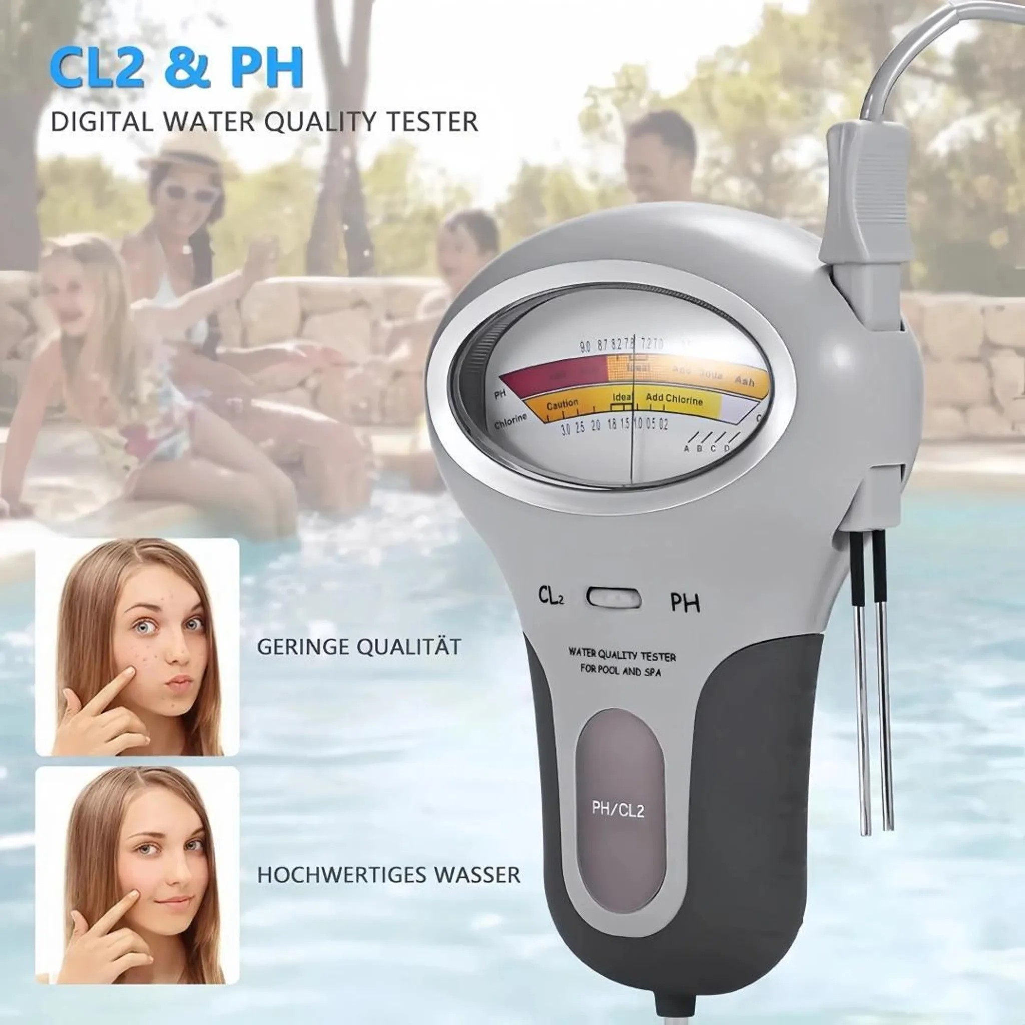 Ein digitales Wasserqualitätstester mit Anzeige für pH- und Chlorwerte, neben Bildern von Haut und einem Pool.