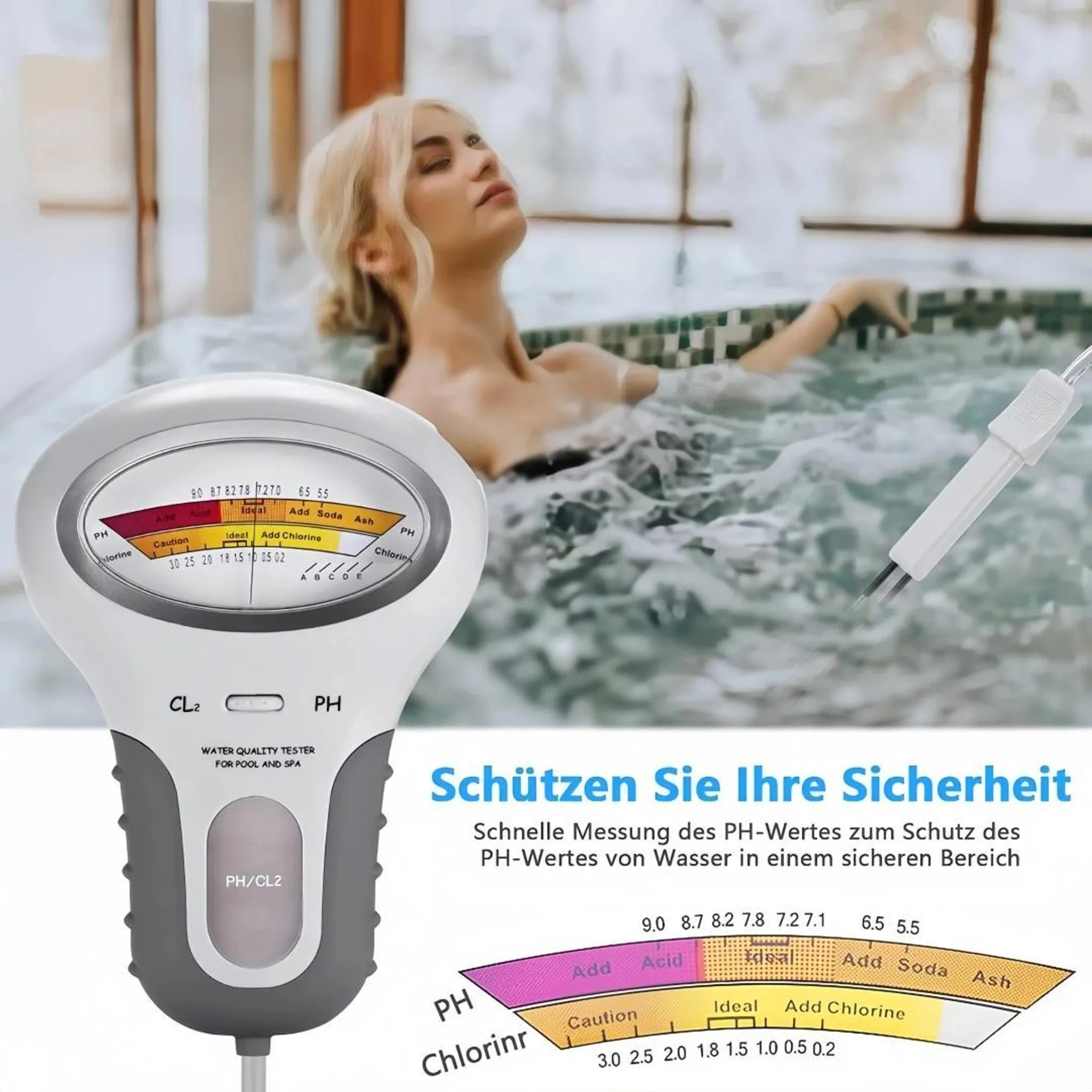 Ein Wasserqualitätsprüfgerät für Pools und Spas neben einer Frau in einem Whirlpool.