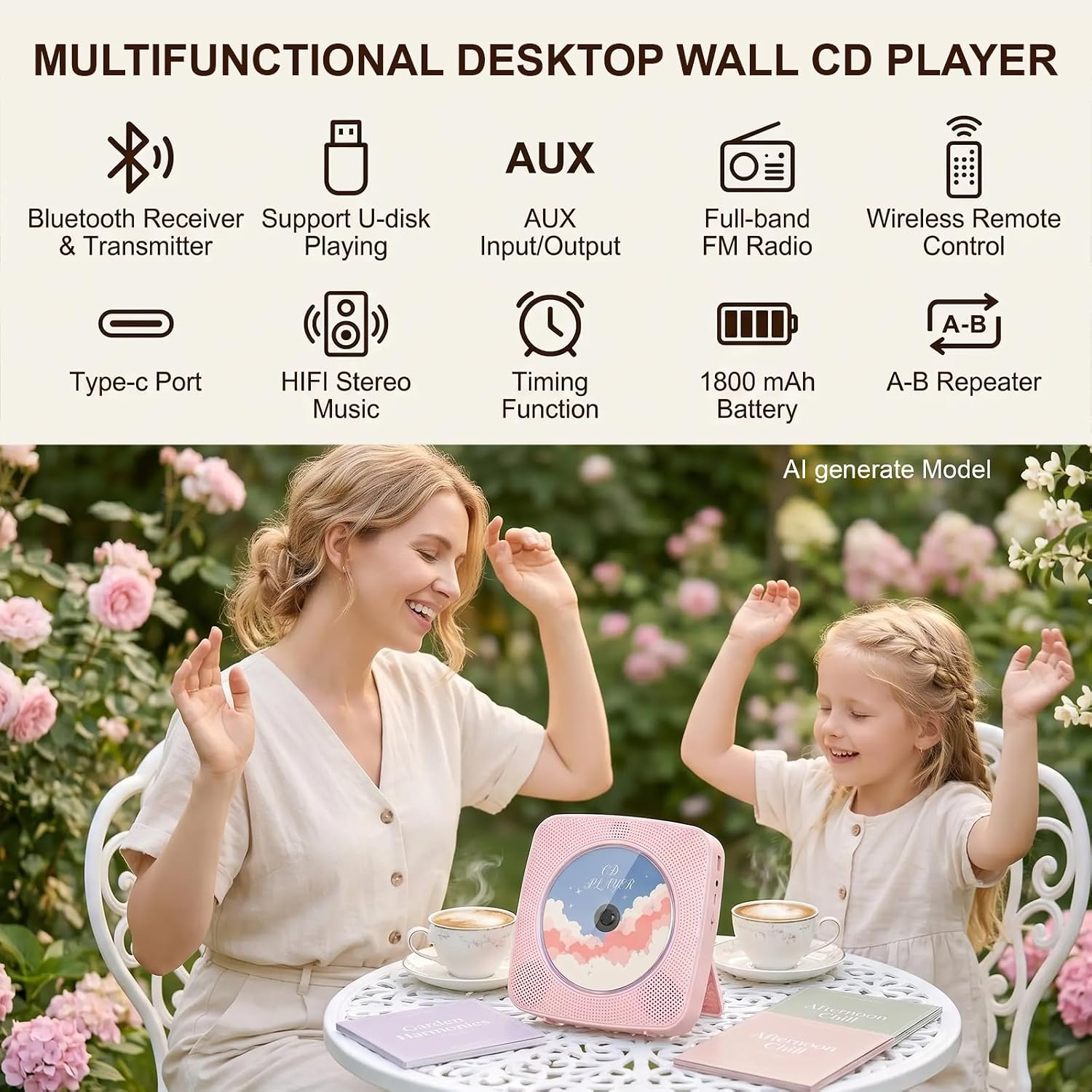 Ein pinker CD-Player steht in einem Garten auf einem Tisch mit einer tanzenden Frau und einem Kind.