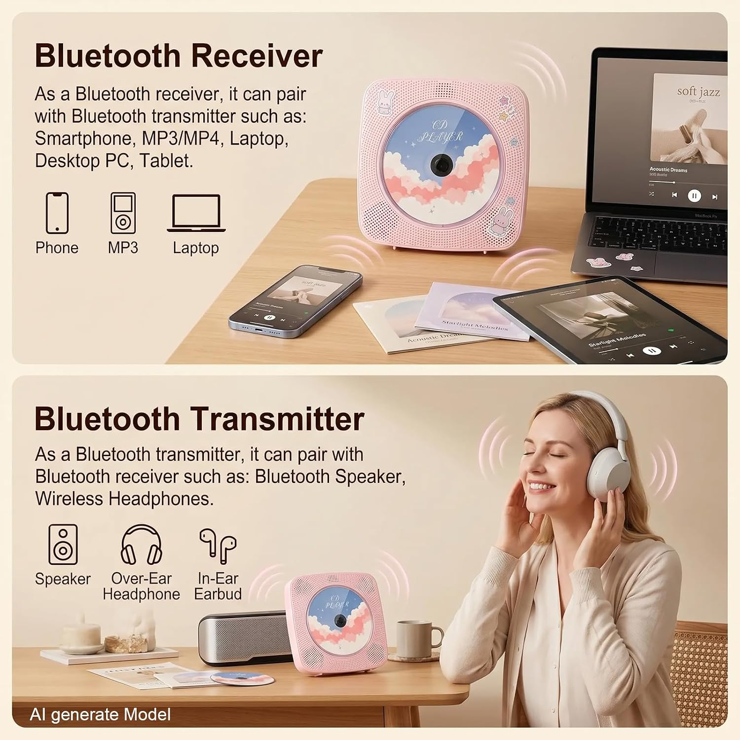 Ein rosafarbener CD-Player, Laptop und Tablet sind auf einem Holztisch platziert.