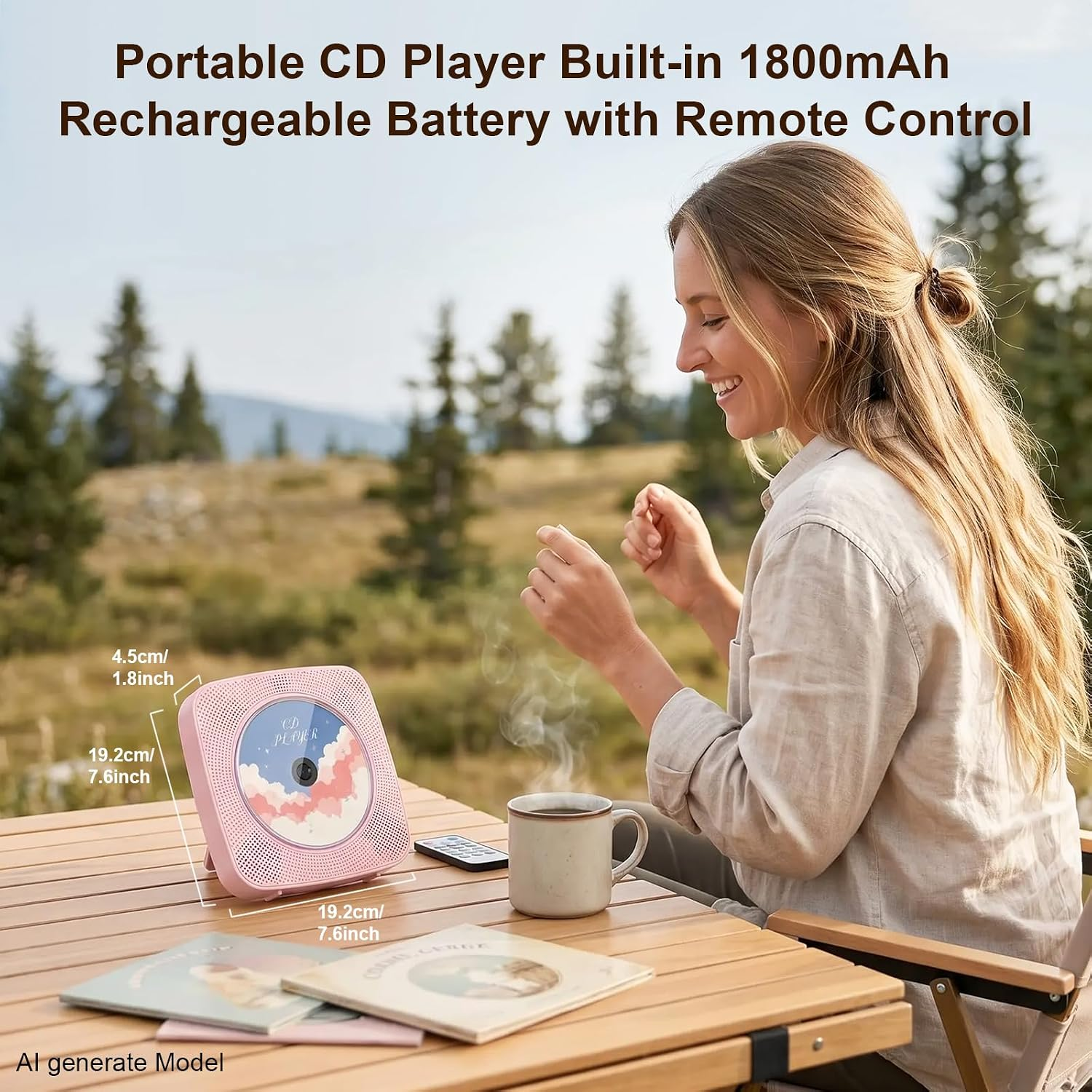 Eine Frau lacht draußen mit einem rosa CD-Player und einer Tasse Kaffee.