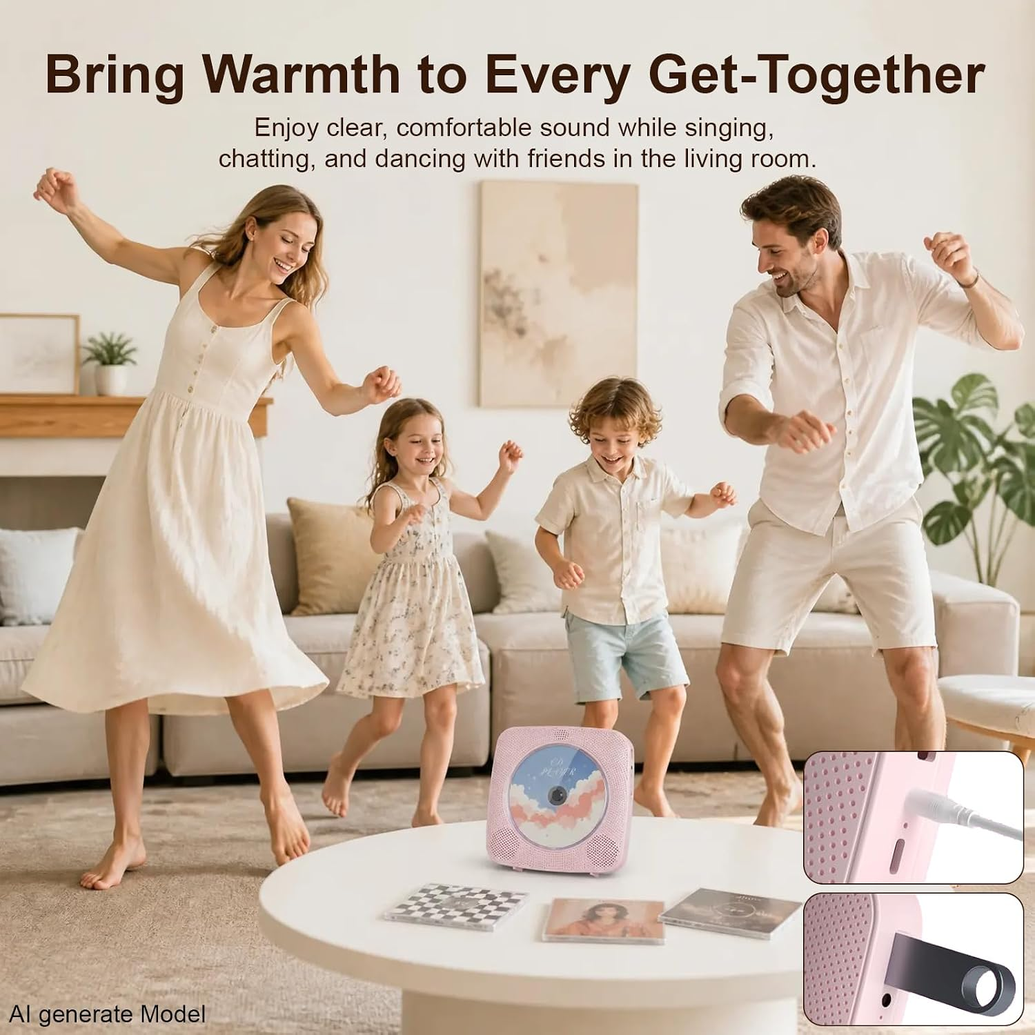 Eine Familie tanzt im Wohnzimmer zu Musik von einem rosa CD-Player.